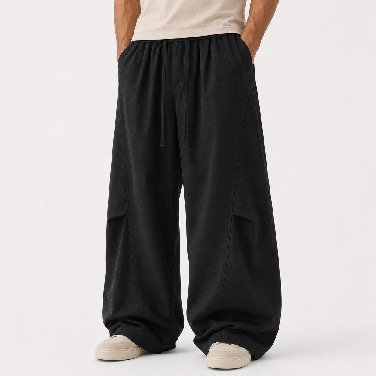 VAREN FORM Herringbone Linen Cotton Wide-Leg Pants black model front