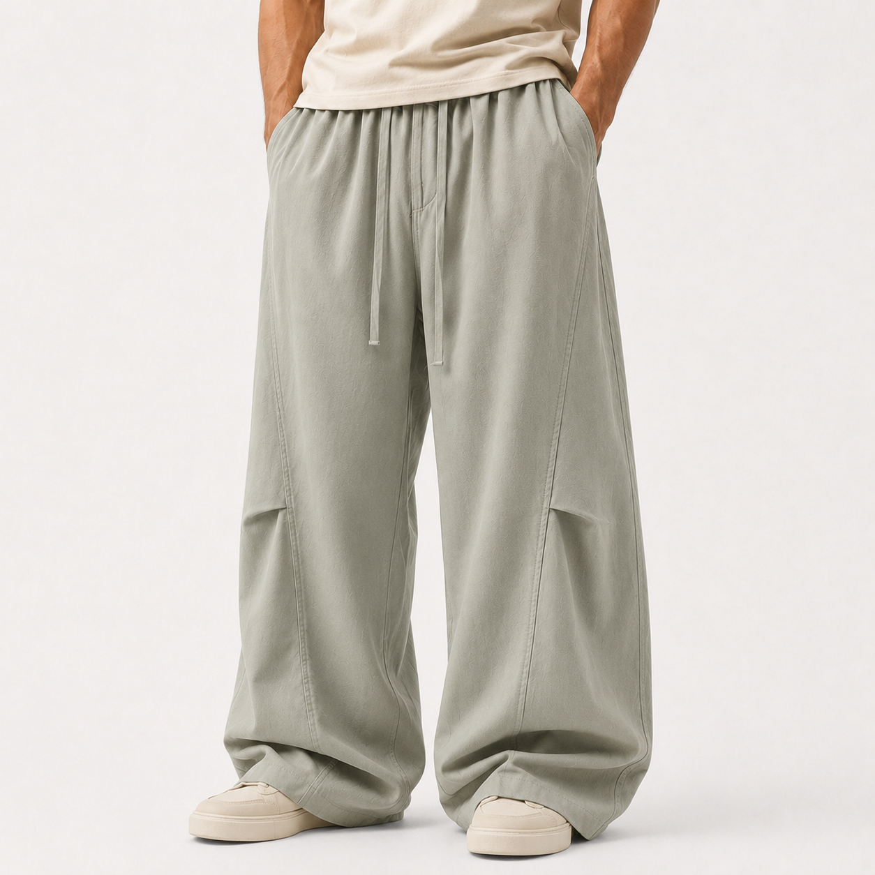 VAREN FORM Herringbone Linen Cotton Wide-Leg Pants sage green model front