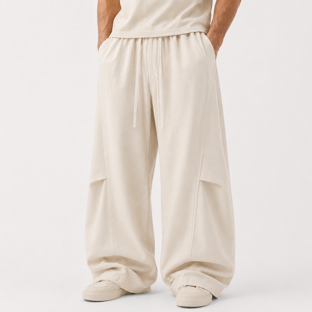 VAREN FORM Herringbone Linen Cotton Wide-Leg Pants sand beige back view