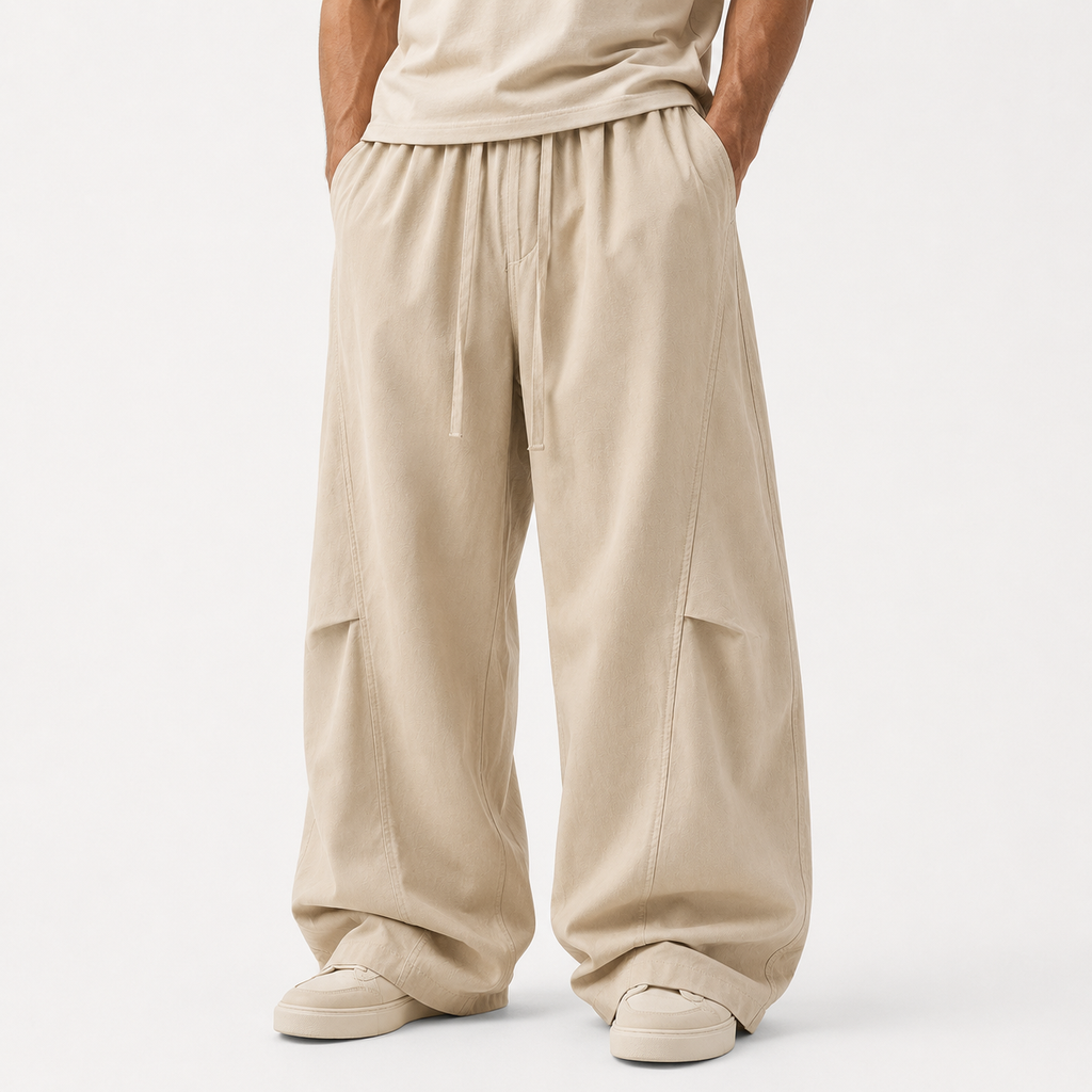 VAREN FORM Herringbone Linen Cotton Wide-Leg Pants sand beige model front