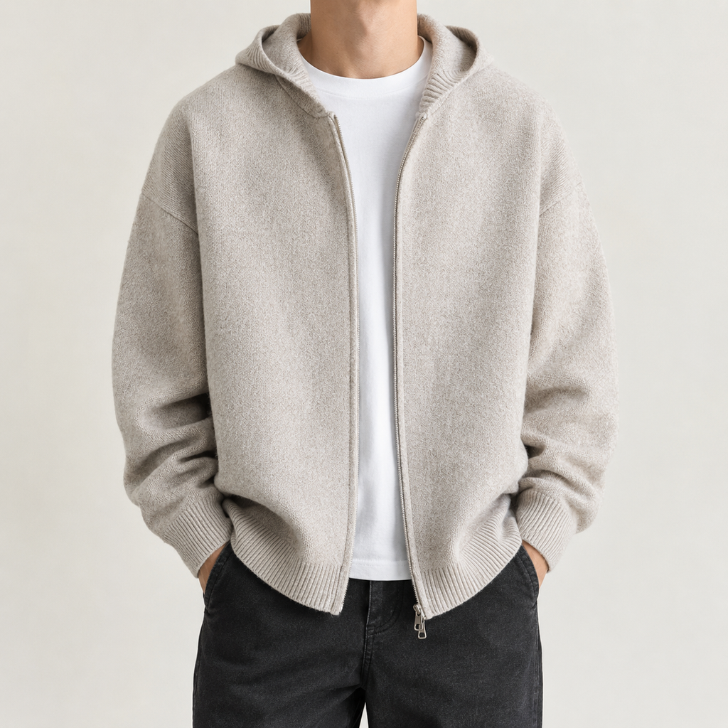 VAREN FORM Hooded Zip Knit Cardigan beige model front