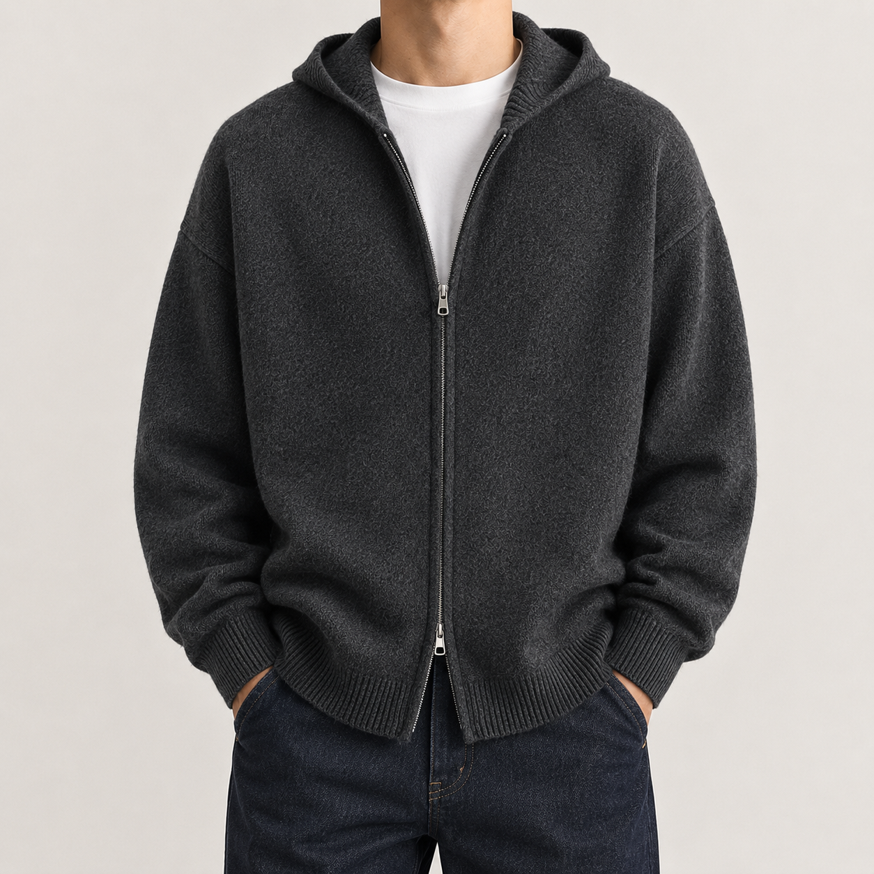 VAREN FORM Hooded Zip Knit Cardigan charcoal grey model front