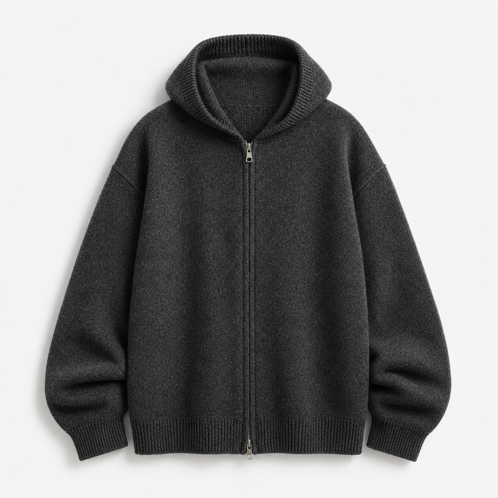 VAREN FORM Hooded Zip Knit Cardigan charcoal grey product front