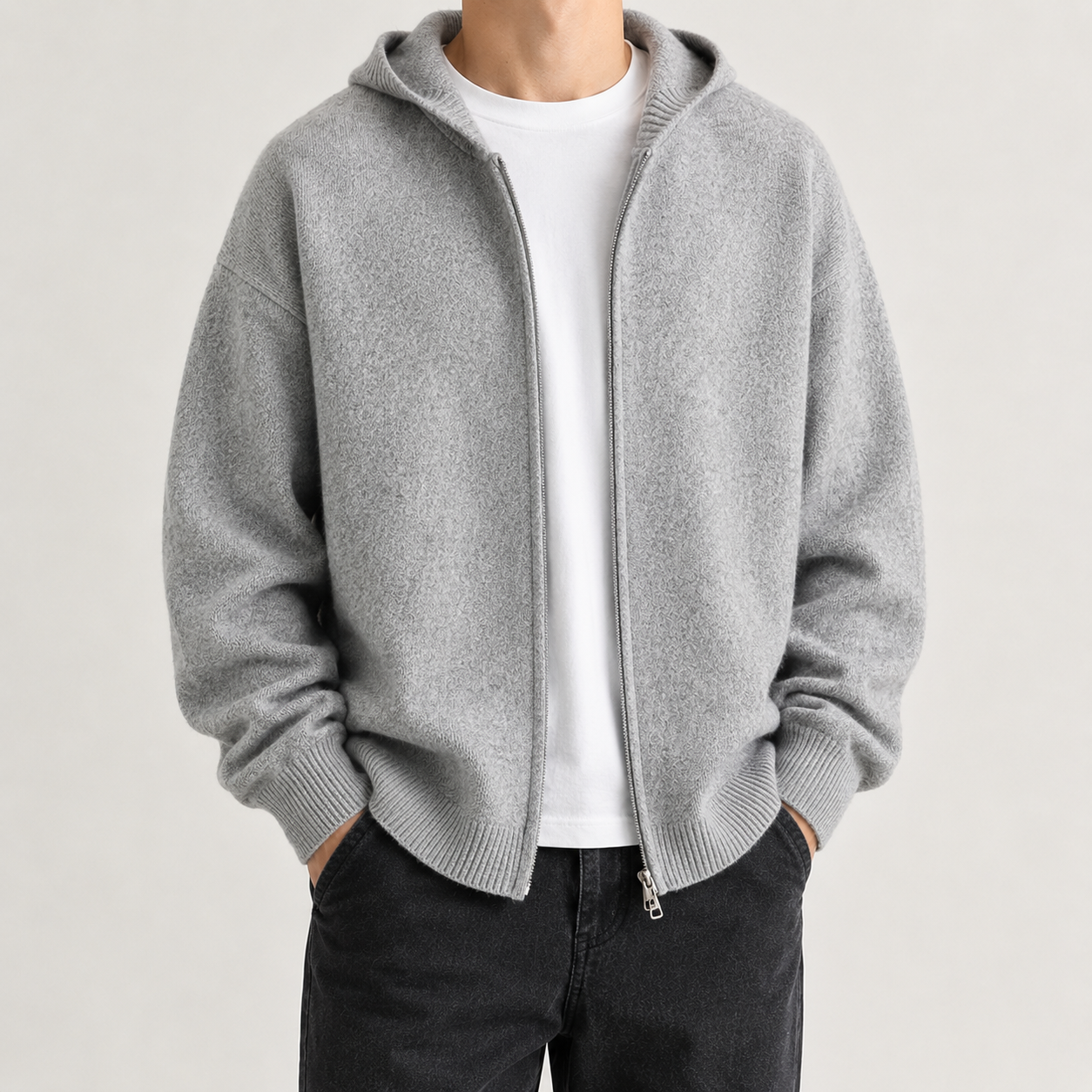 VAREN FORM Hooded Zip Knit Cardigan light grey model front