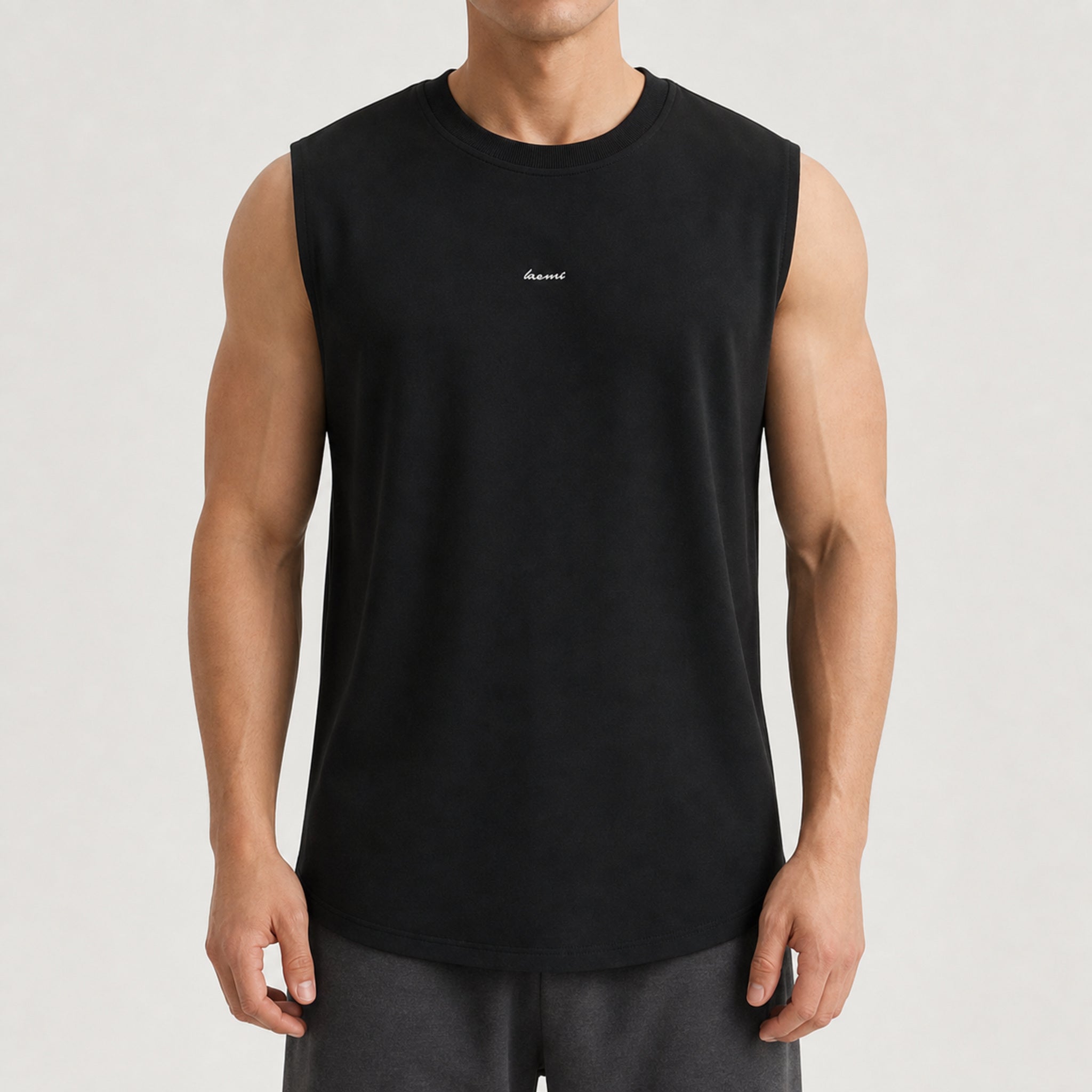 Men's Embroidered Sleeveless T-Shirt in Black, model front view