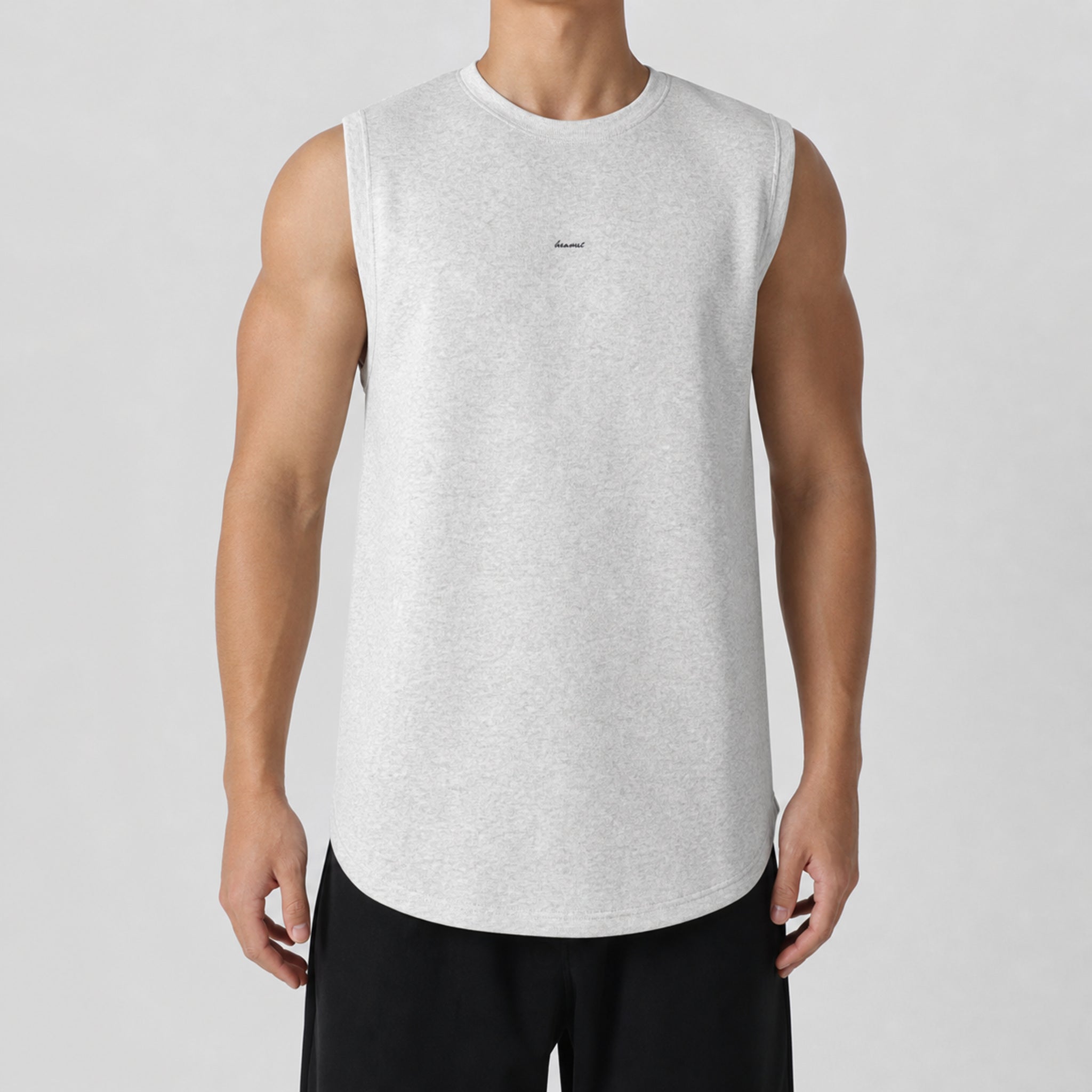 Men's Embroidered Sleeveless T-Shirt in Light Heather Grey, model front view