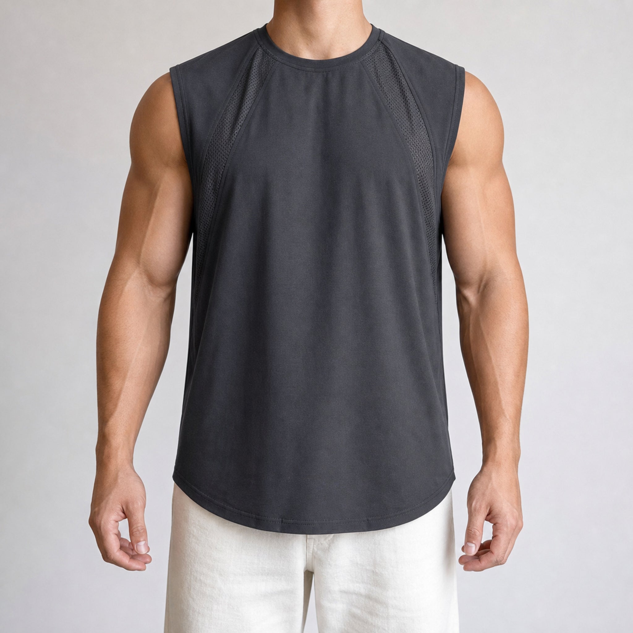 Men's Quick-Dry Cool Touch Tank Top in Dark Grey, model front view