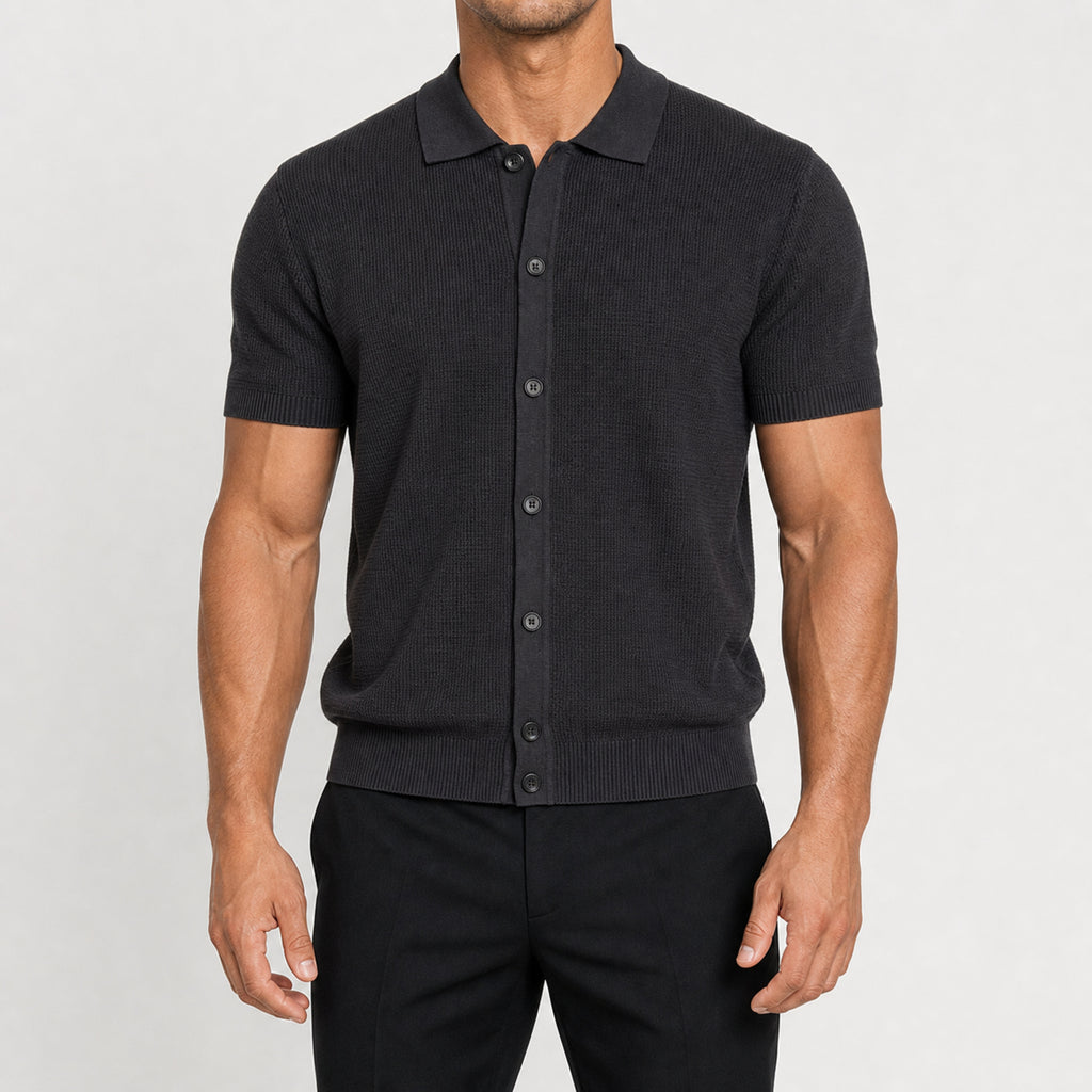 Men's Short Sleeve Knit Cardigan in Dark Charcoal, model front view