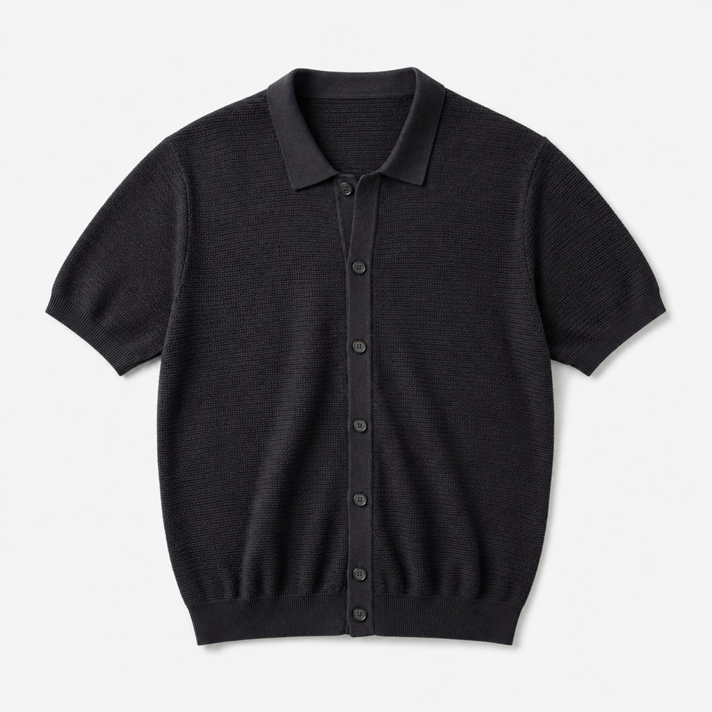 Men's Short Sleeve Knit Cardigan in Dark Charcoal, product front view