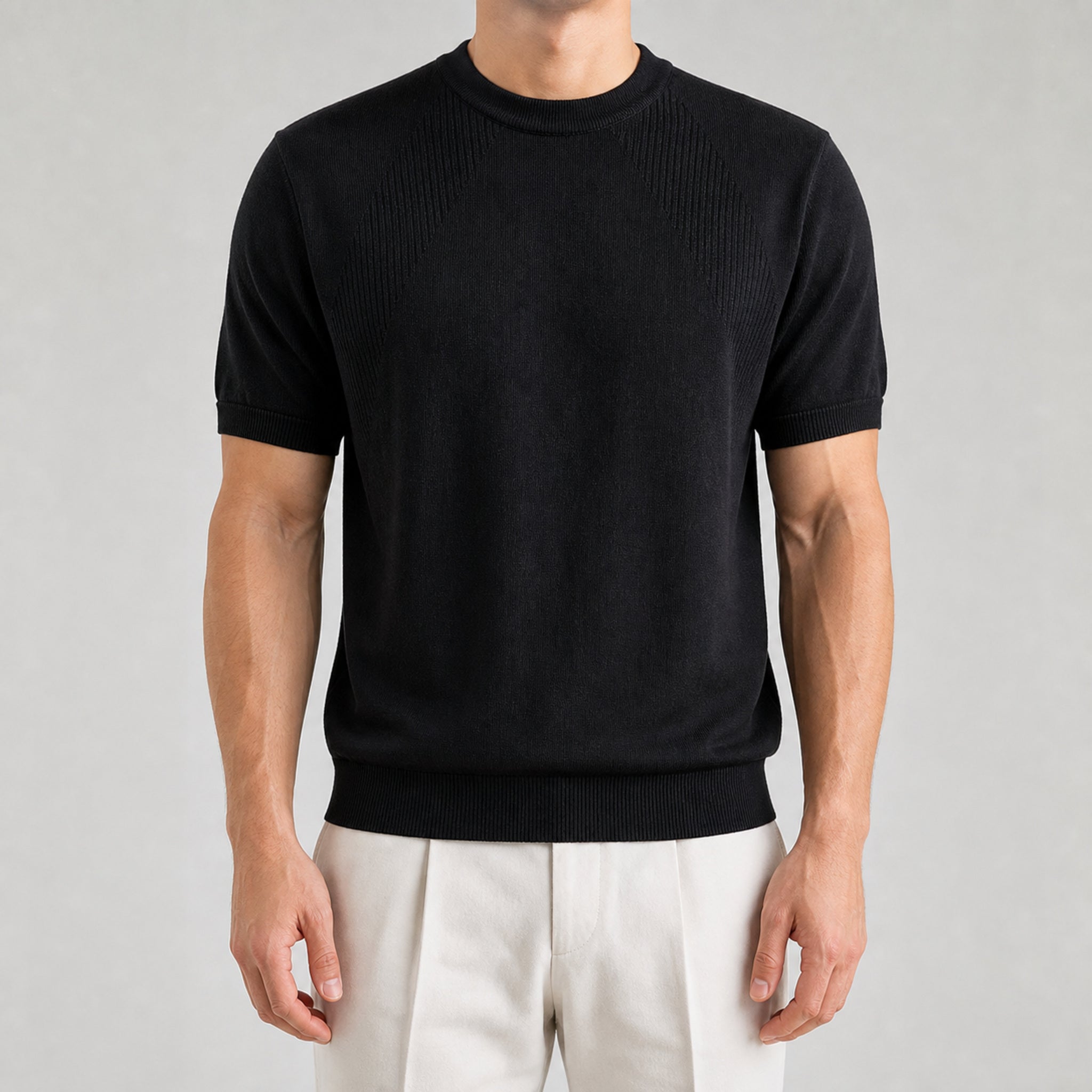 Men's Textured Crewneck Knit T-Shirt in Black, model front view
