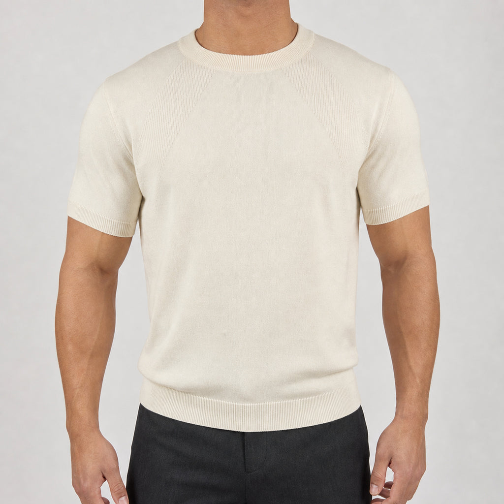 Men's Textured Crewneck Knit T-Shirt in Ivory, model front view