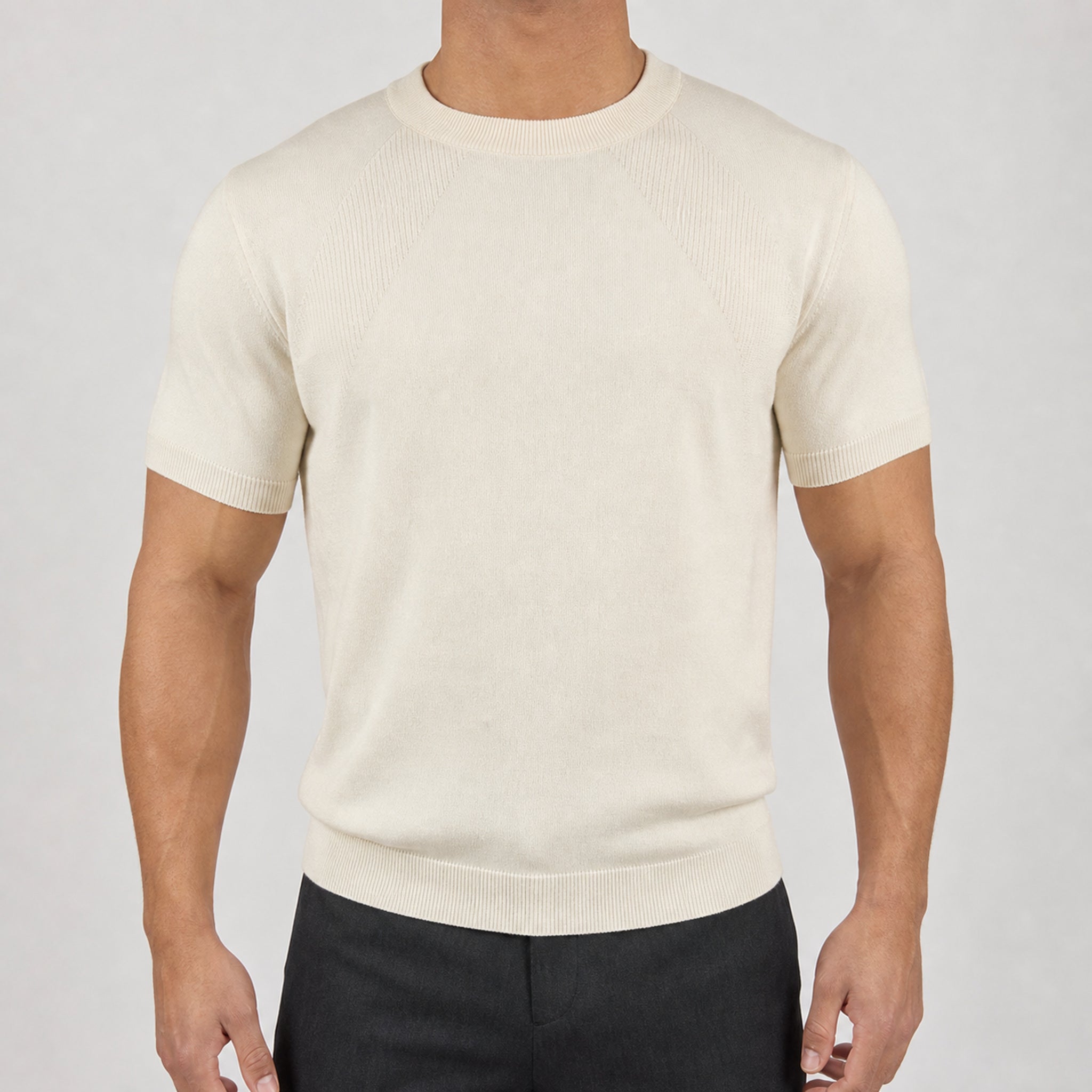 Men's Textured Crewneck Knit T-Shirt in Ivory, model front view