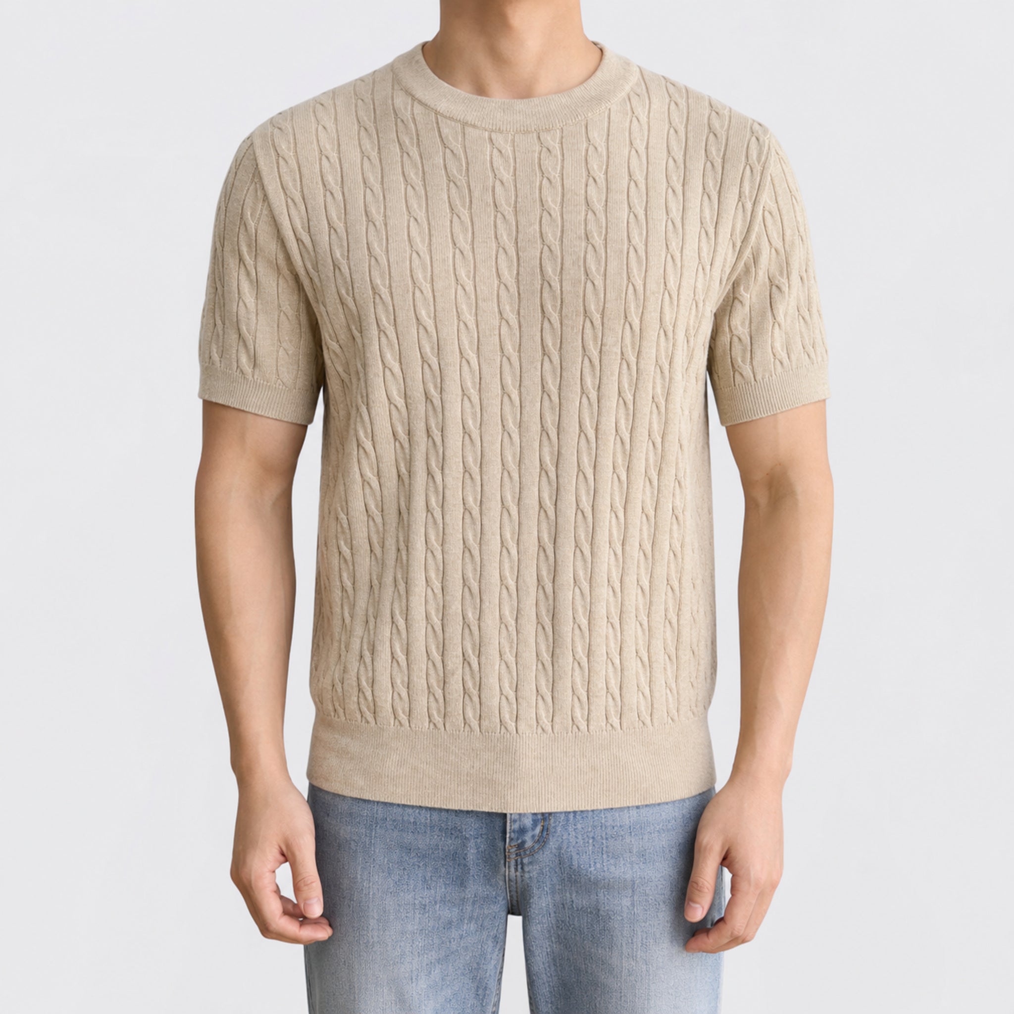 Men's Lightweight Crewneck Knit T-Shirt in Beige, model front view