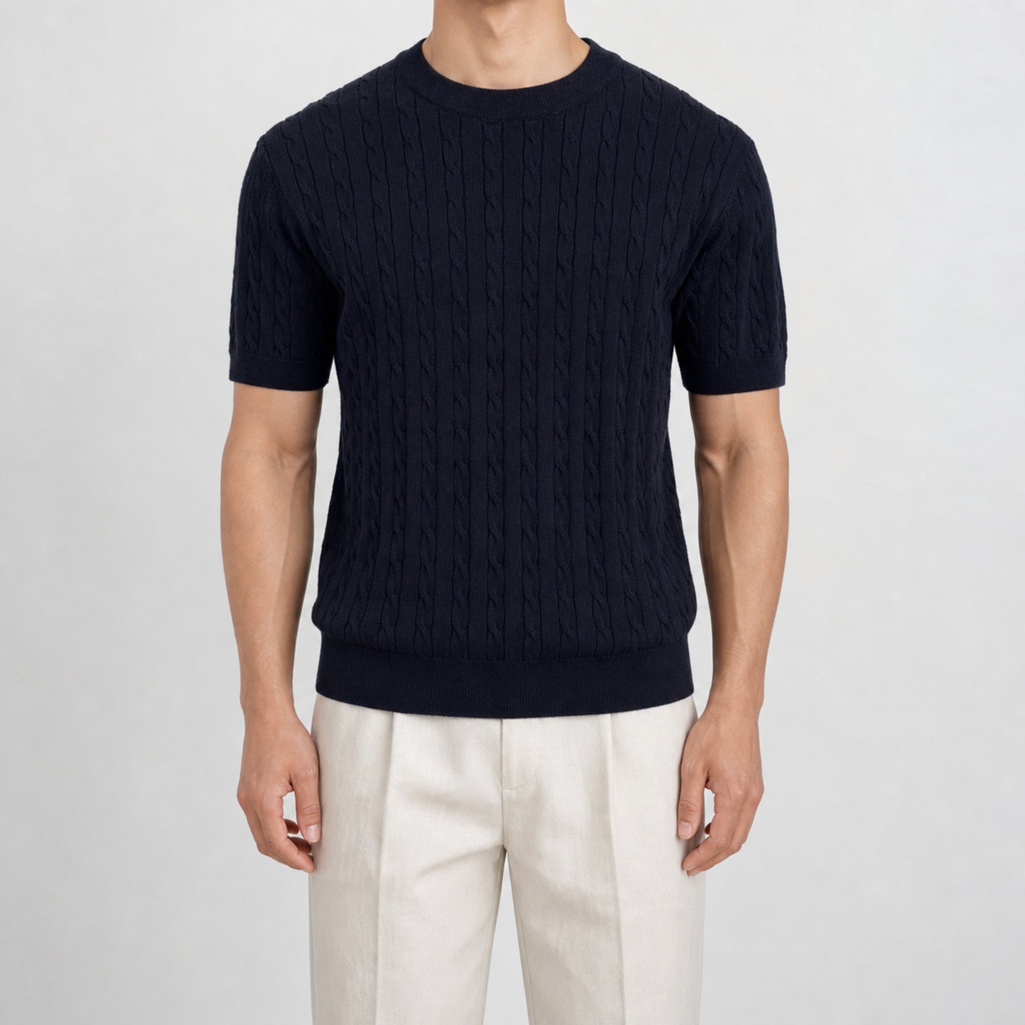 Men's Lightweight Crewneck Knit T-Shirt in Navy, model front view
