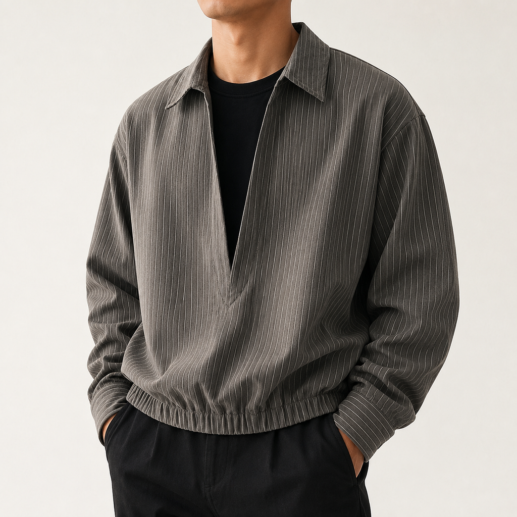 VAREN FORM Layered Stripe Collar Pullover Sweatshirt charcoal grey model front