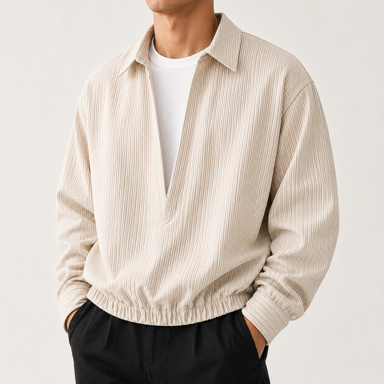 VAREN FORM Layered Stripe Collar Pullover Sweatshirt ivory model front