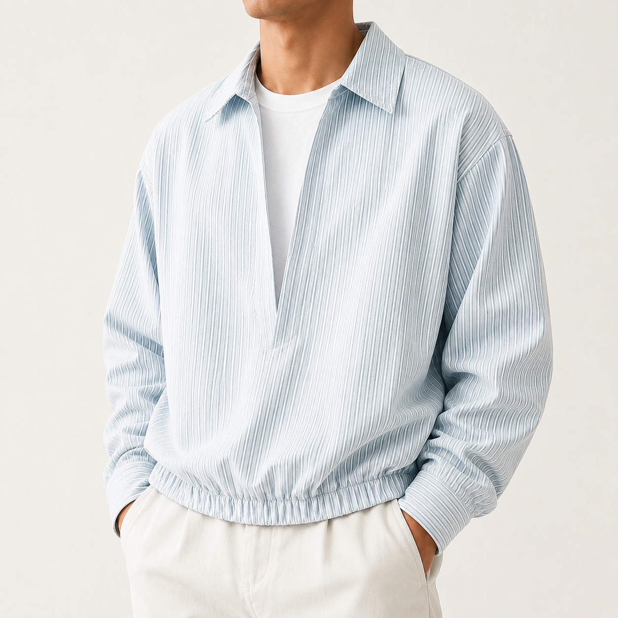 VAREN FORM Layered Stripe Collar Pullover Sweatshirt powder blue model front