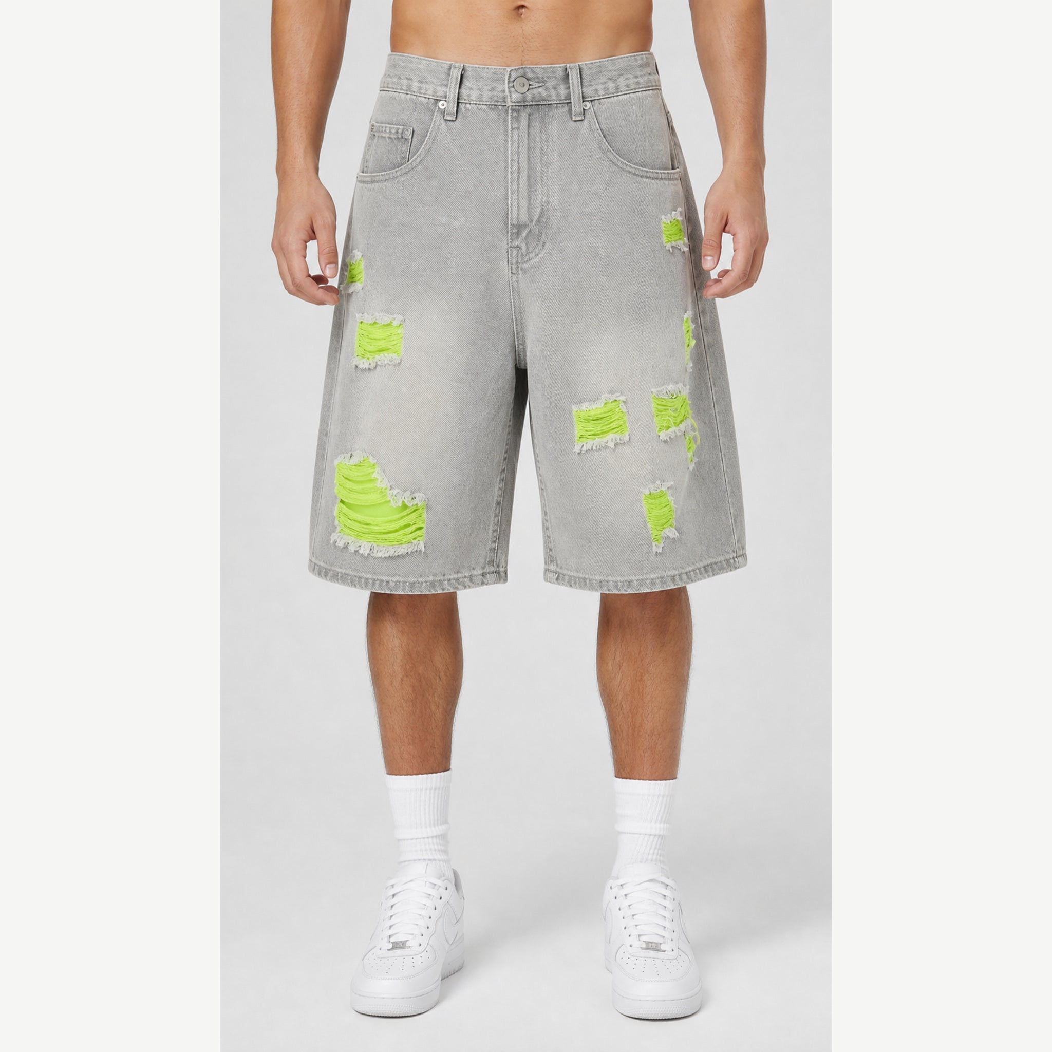 Men's Color Distressed Denim Shorts in Distressed Green, model front view