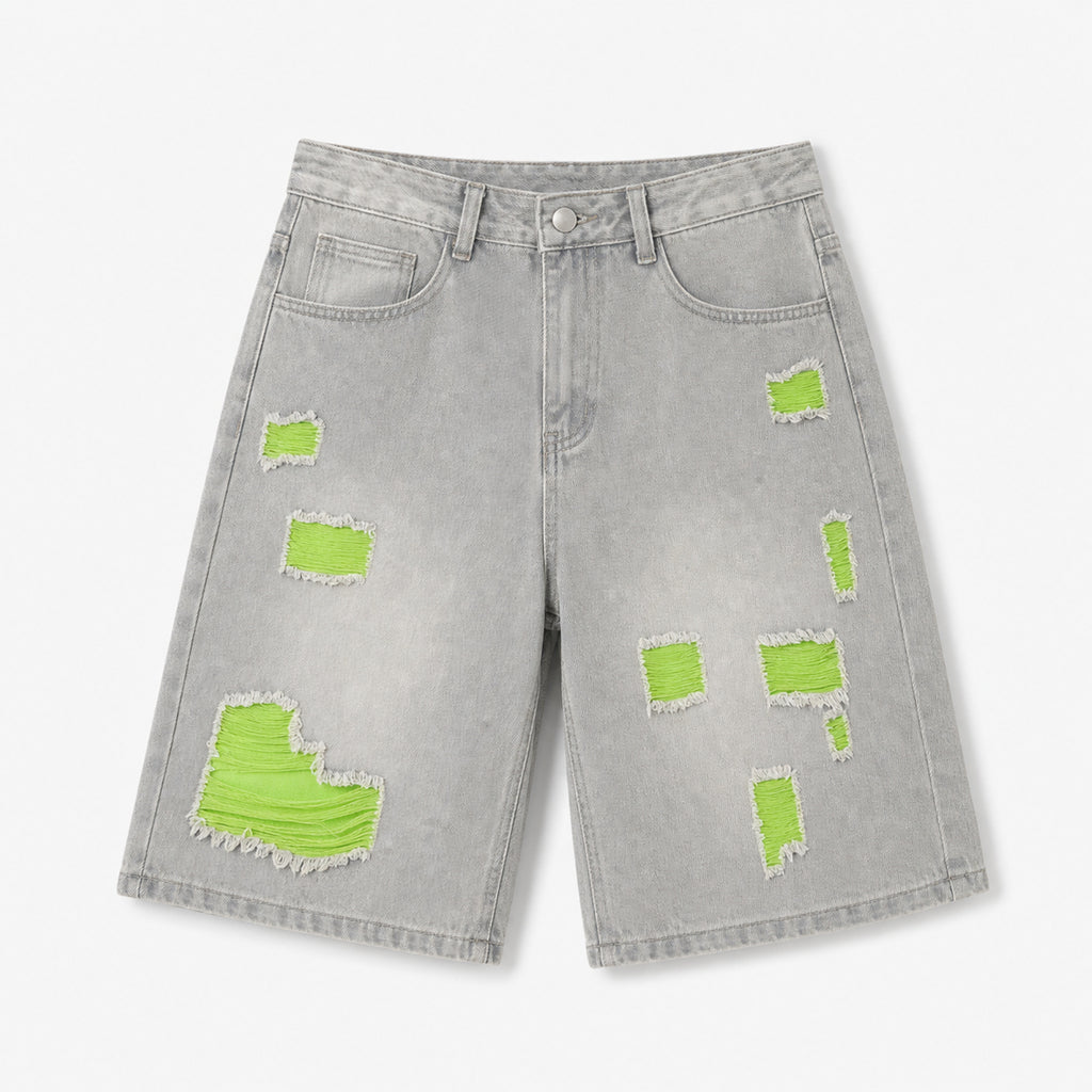 Men's Color Distressed Denim Shorts in Distressed Green, product front view