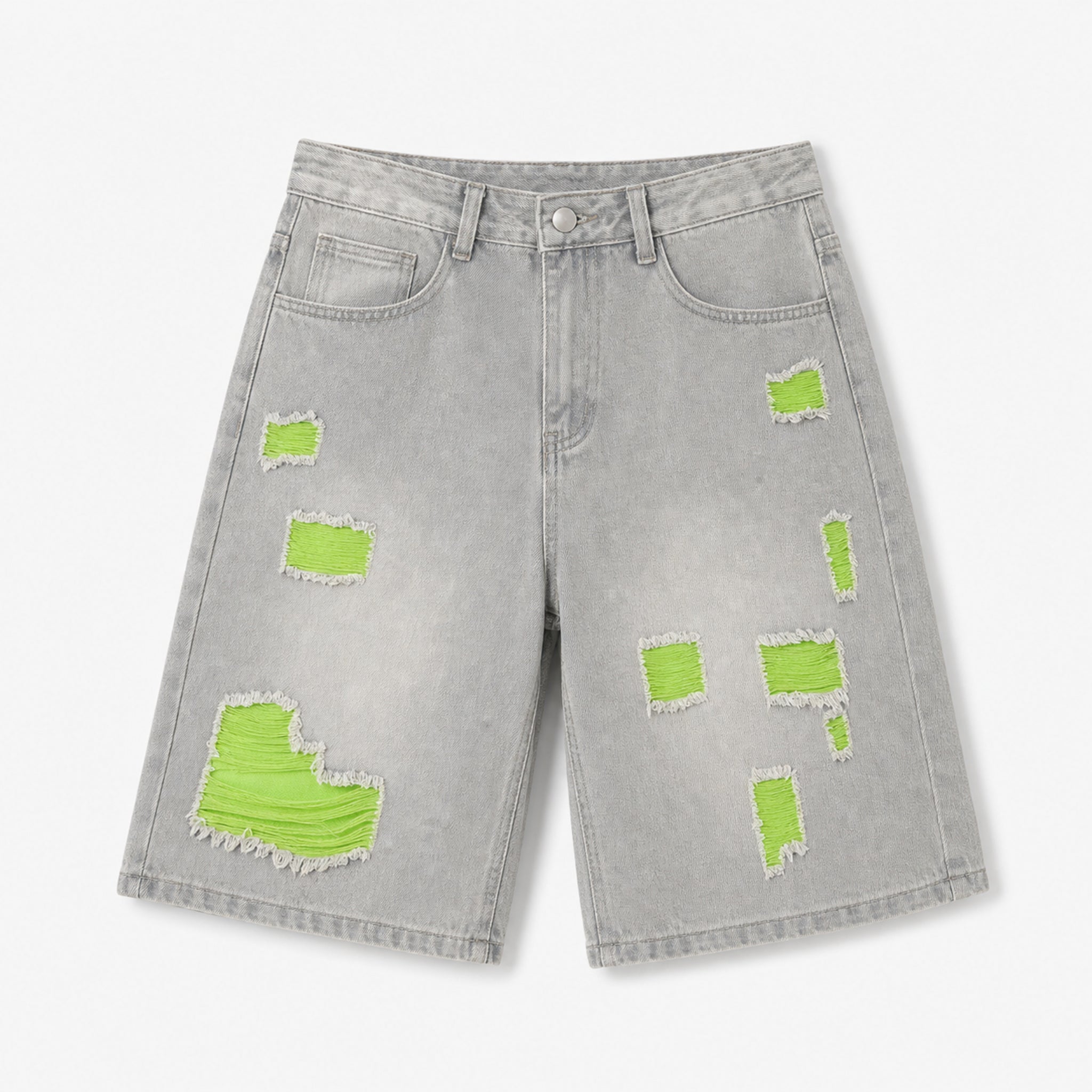 Men's Color Distressed Denim Shorts in Distressed Green, product front view