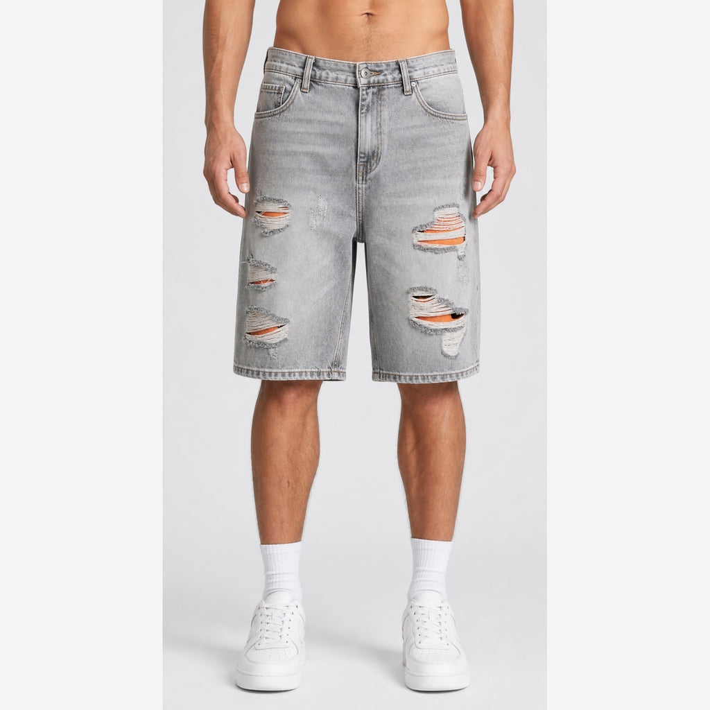 Men's Color Distressed Denim Shorts in Distressed Orange, model front view