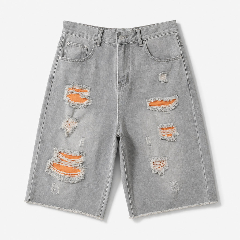 Men's Color Distressed Denim Shorts in Distressed Orange, product front view