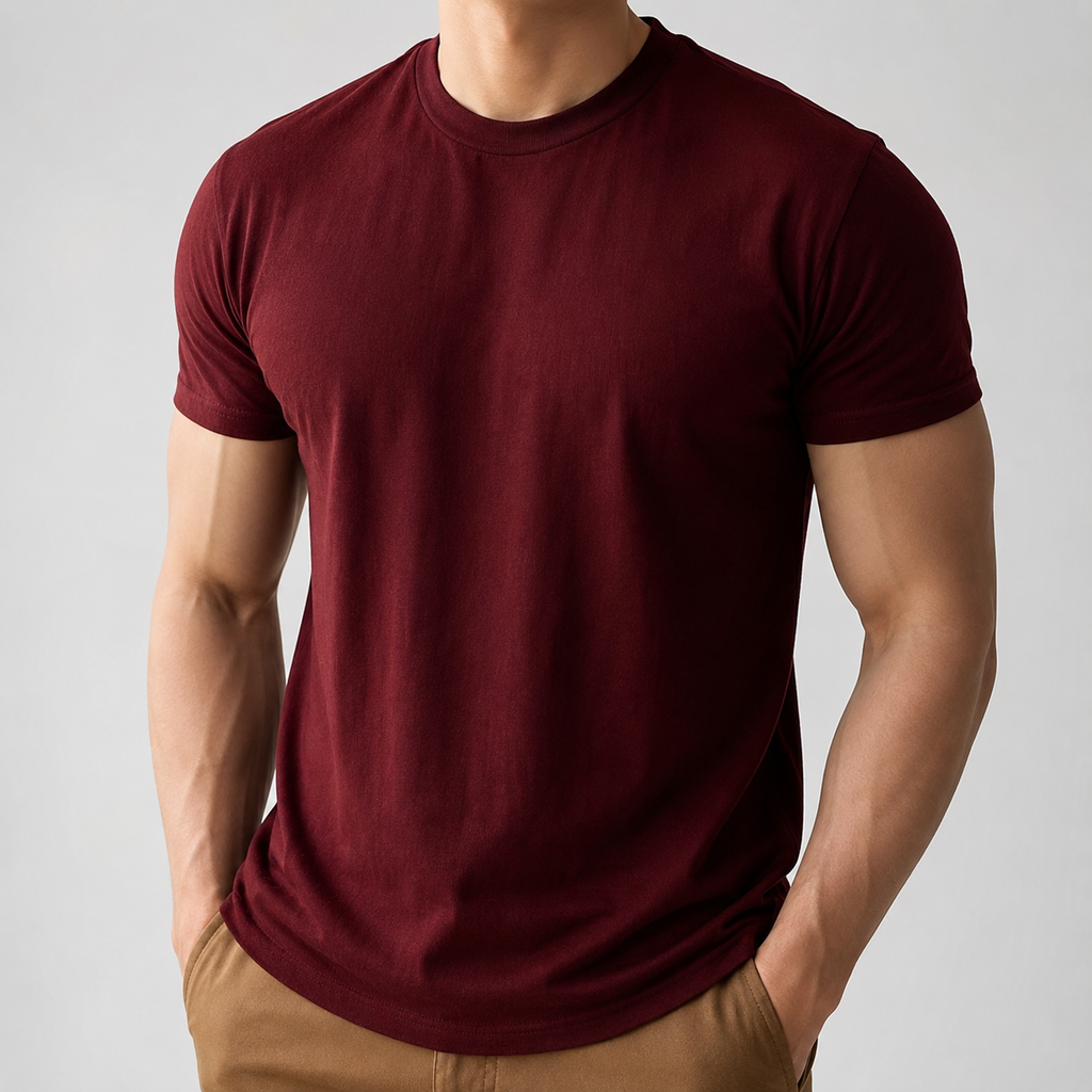 VAREN FORM Lyocell Cool Touch Crewneck T-Shirt wine red model front
