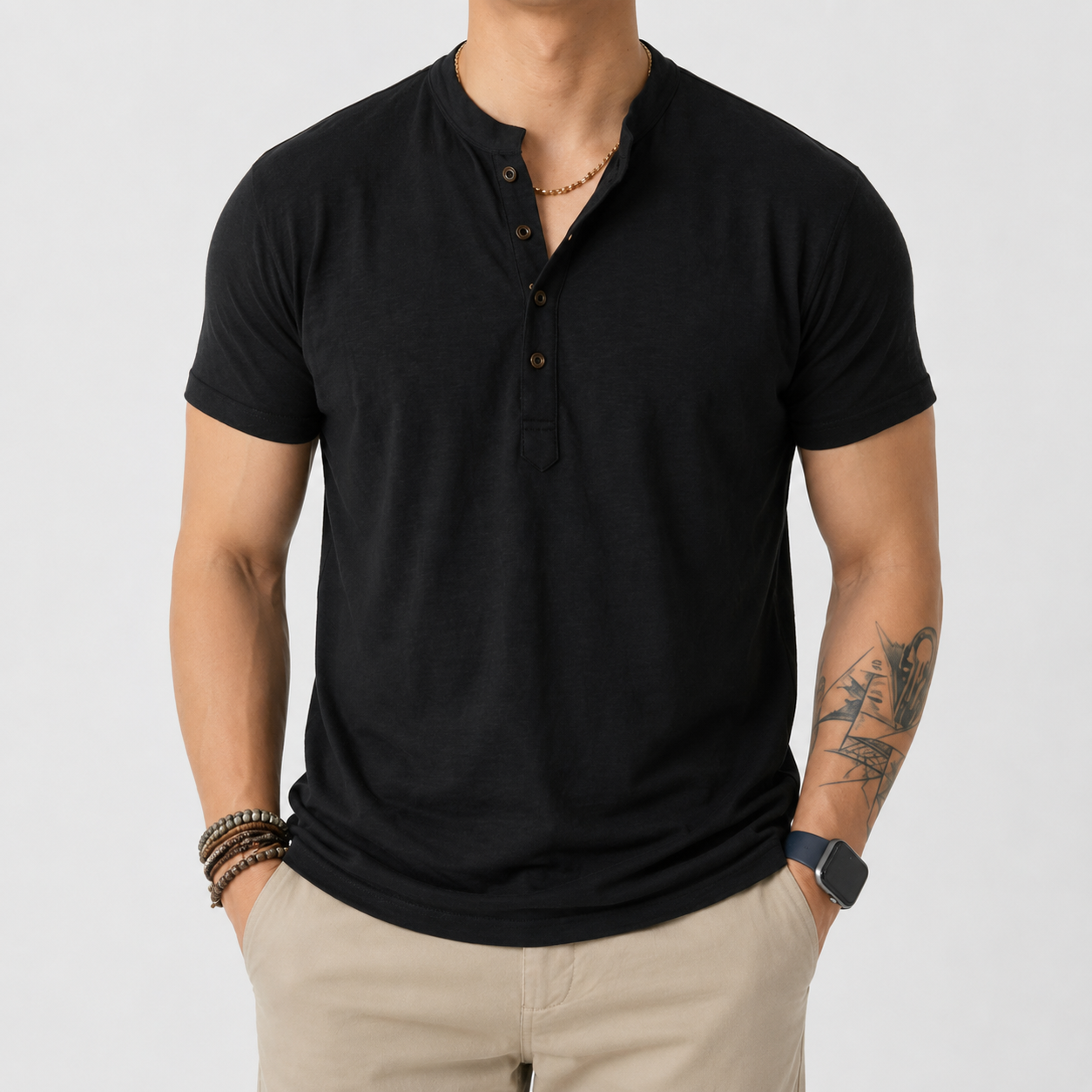 VAREN FORM Lyocell Henley Short Sleeve Polo Shirt VF-J311C in Black, model front for men's gym-to-street wear