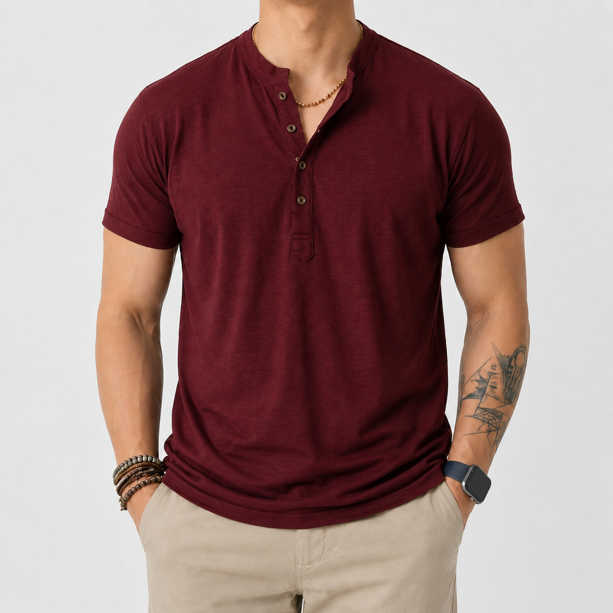VAREN FORM Lyocell Henley Short Sleeve Polo Shirt VF-J311C in Burgundy, model front for men's gym-to-street wear