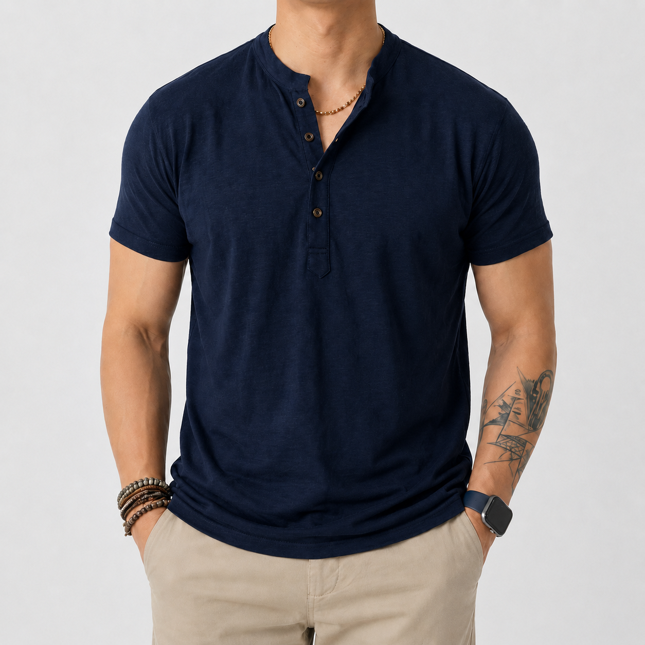 VAREN FORM Lyocell Henley Short Sleeve Polo Shirt VF-J311C in Navy, model front for men's gym-to-street wear