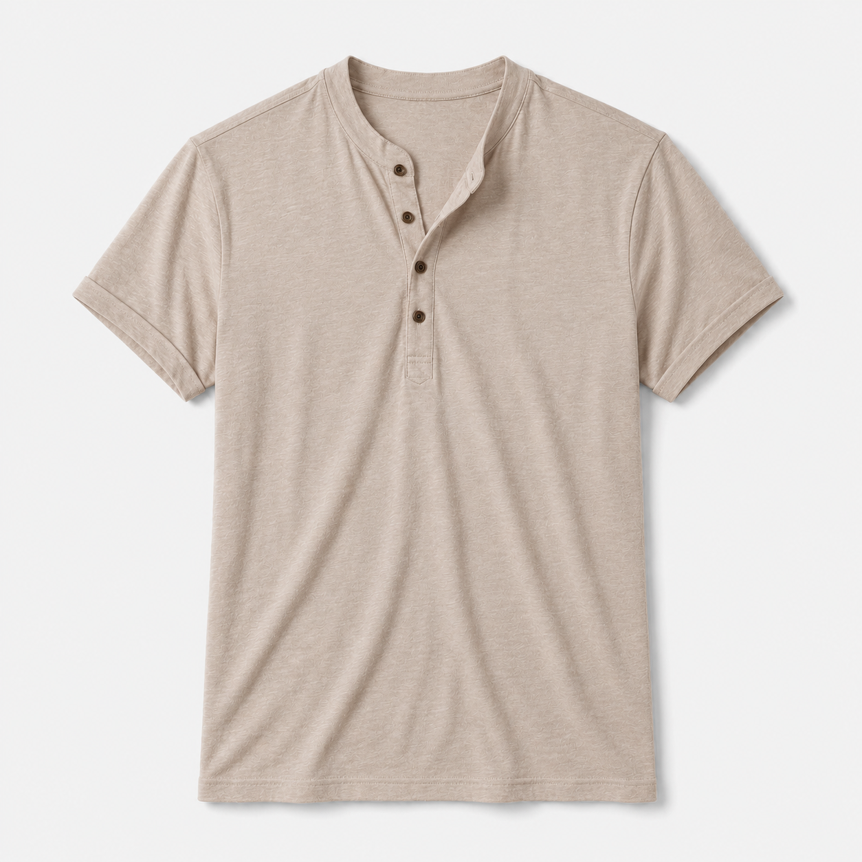 VAREN FORM Lyocell Henley Short Sleeve Polo Shirt VF-J311C in Sand Beige, flat lay for men's gym-to-street wear