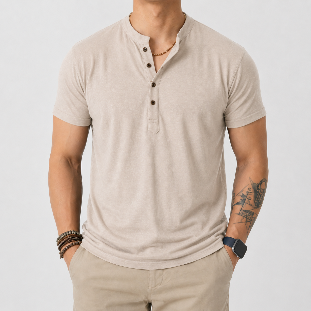 VAREN FORM Lyocell Henley Short Sleeve Polo Shirt VF-J311C in Sand Beige, model front for men's gym-to-street wear