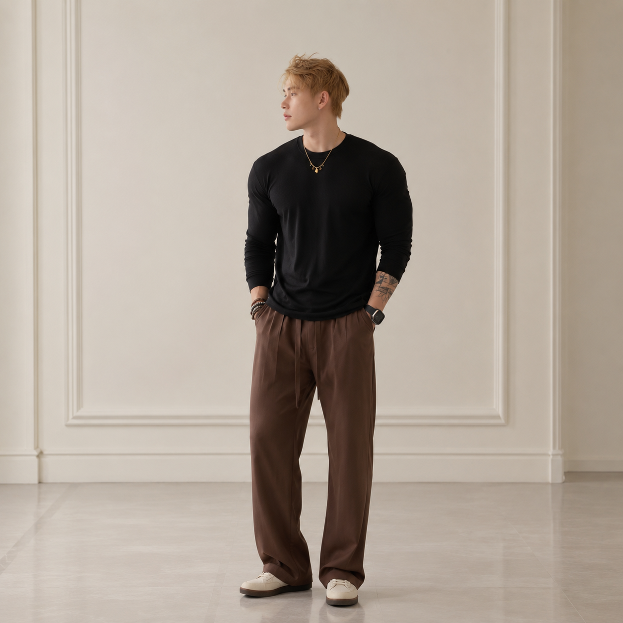 VARENFORM lyocell long sleeve crewneck tee in black on model