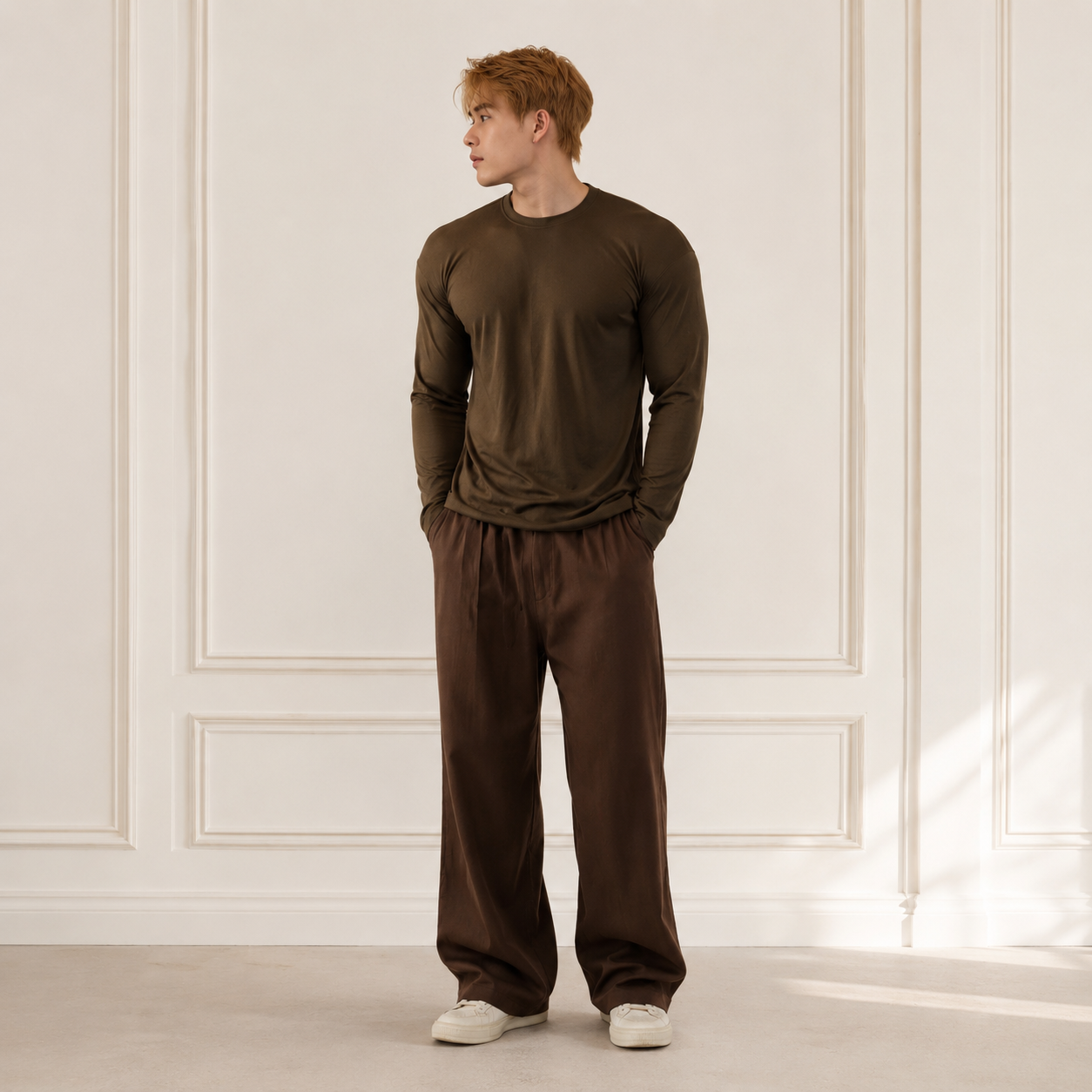 VARENFORM lyocell long sleeve crewneck tee in dark olive on model