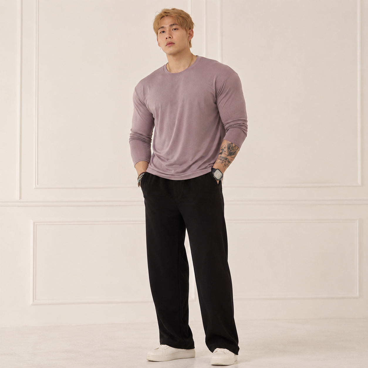 VARENFORM lyocell long sleeve crewneck tee in dusty mauve on model
