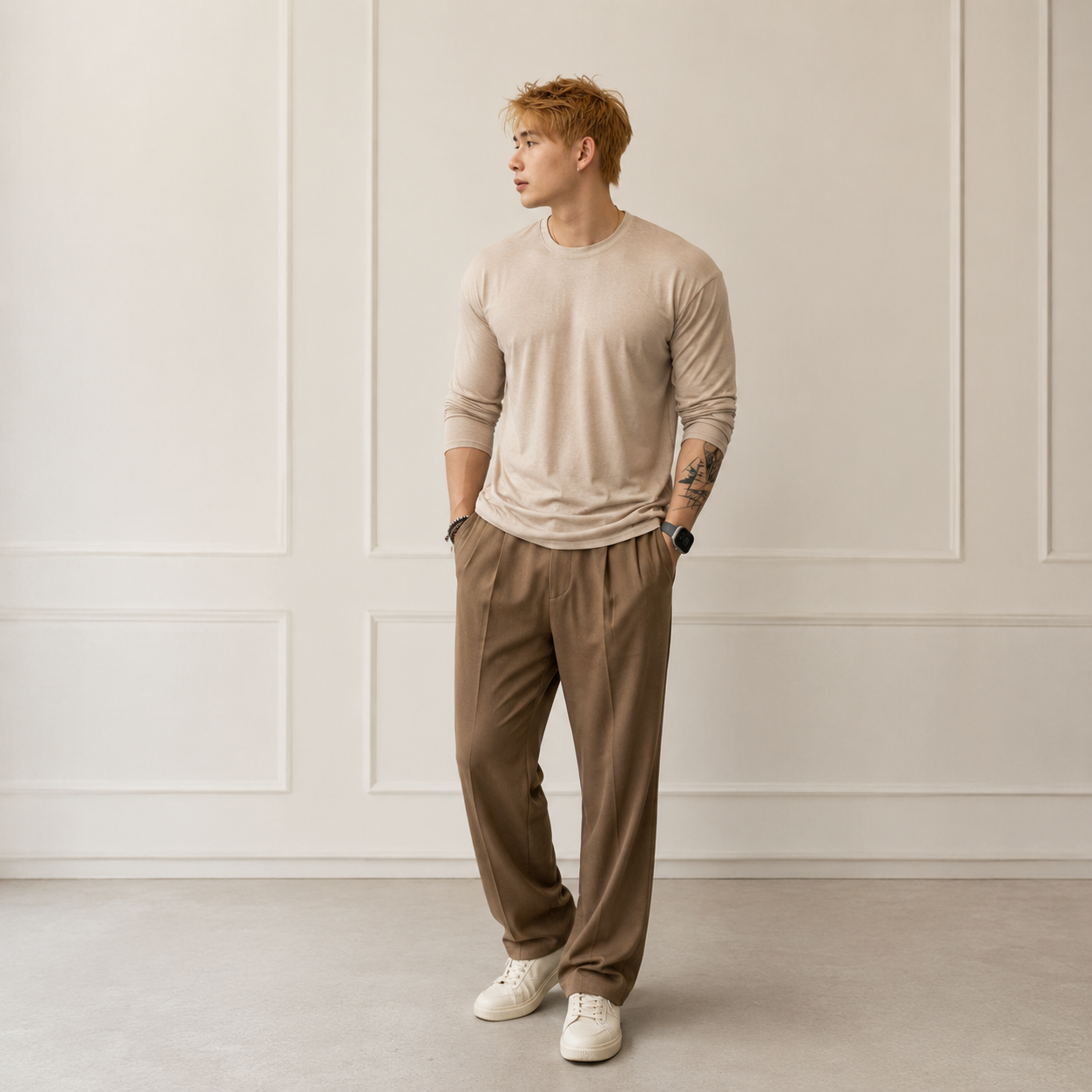 VARENFORM lyocell long sleeve crewneck tee in sand beige on model