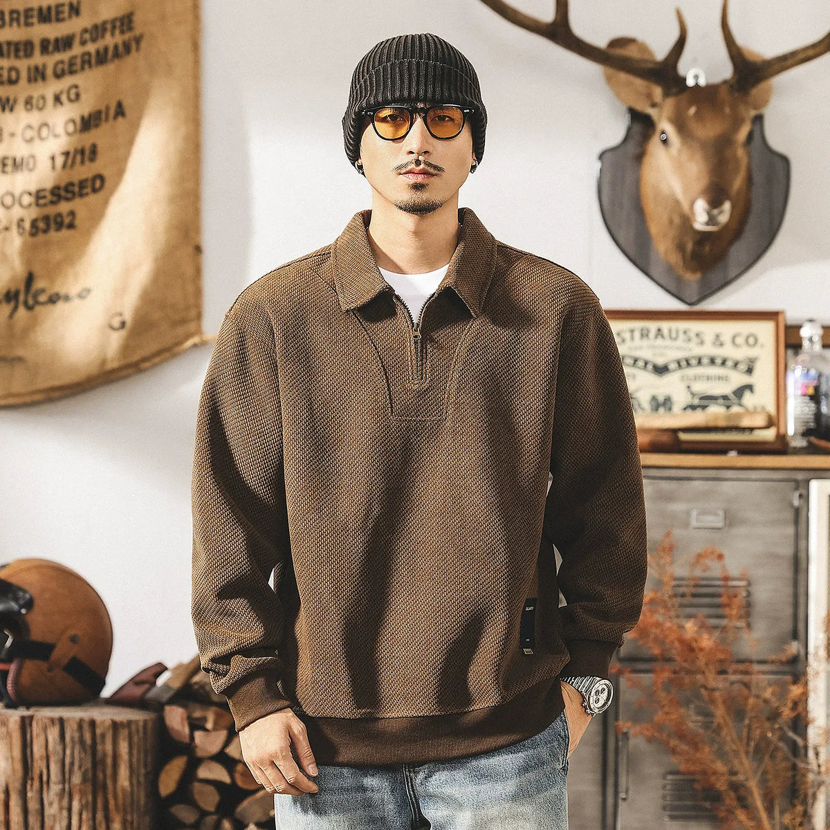 Men's 360 GSM Heavyweight Half-Zip Sweatshirt - brown worn view