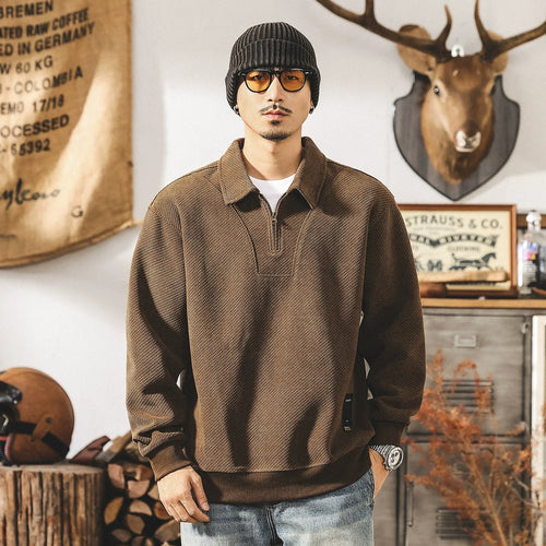 Men's 360 GSM Heavyweight Half-Zip Sweatshirt - brown worn view
