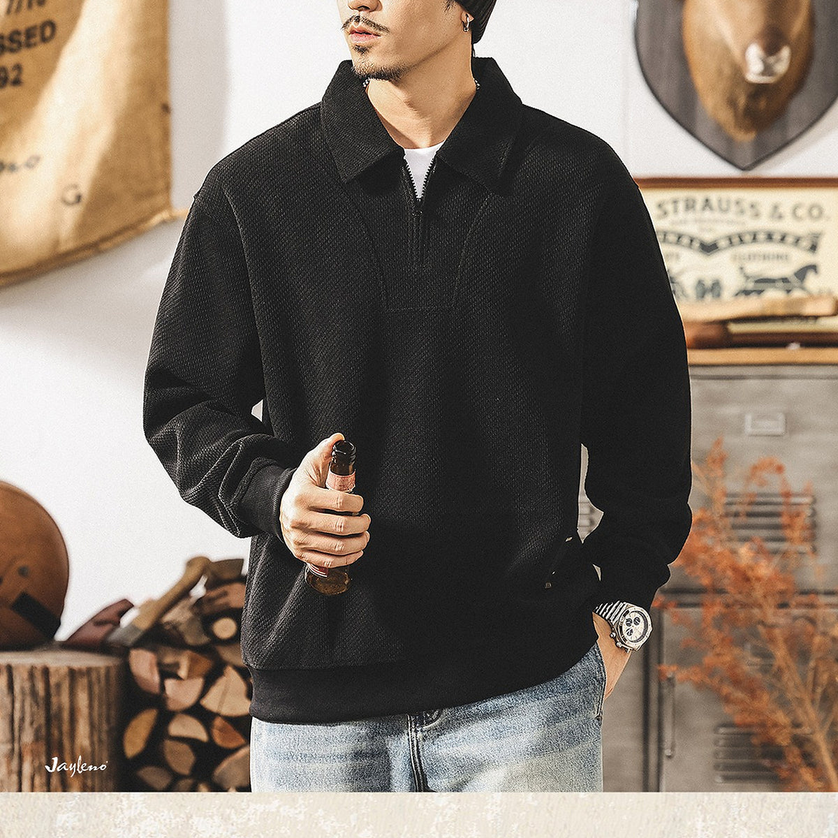 Men's 360 GSM Heavyweight Half-Zip Sweatshirt - black worn view