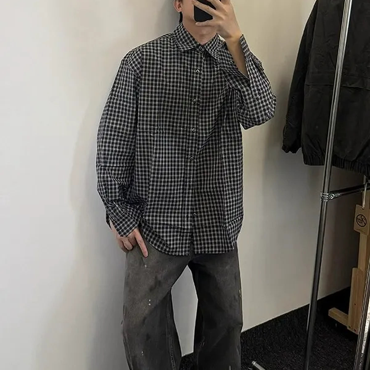 Men's Black-and-White Plaid Overshirt - black/white plaid worn view