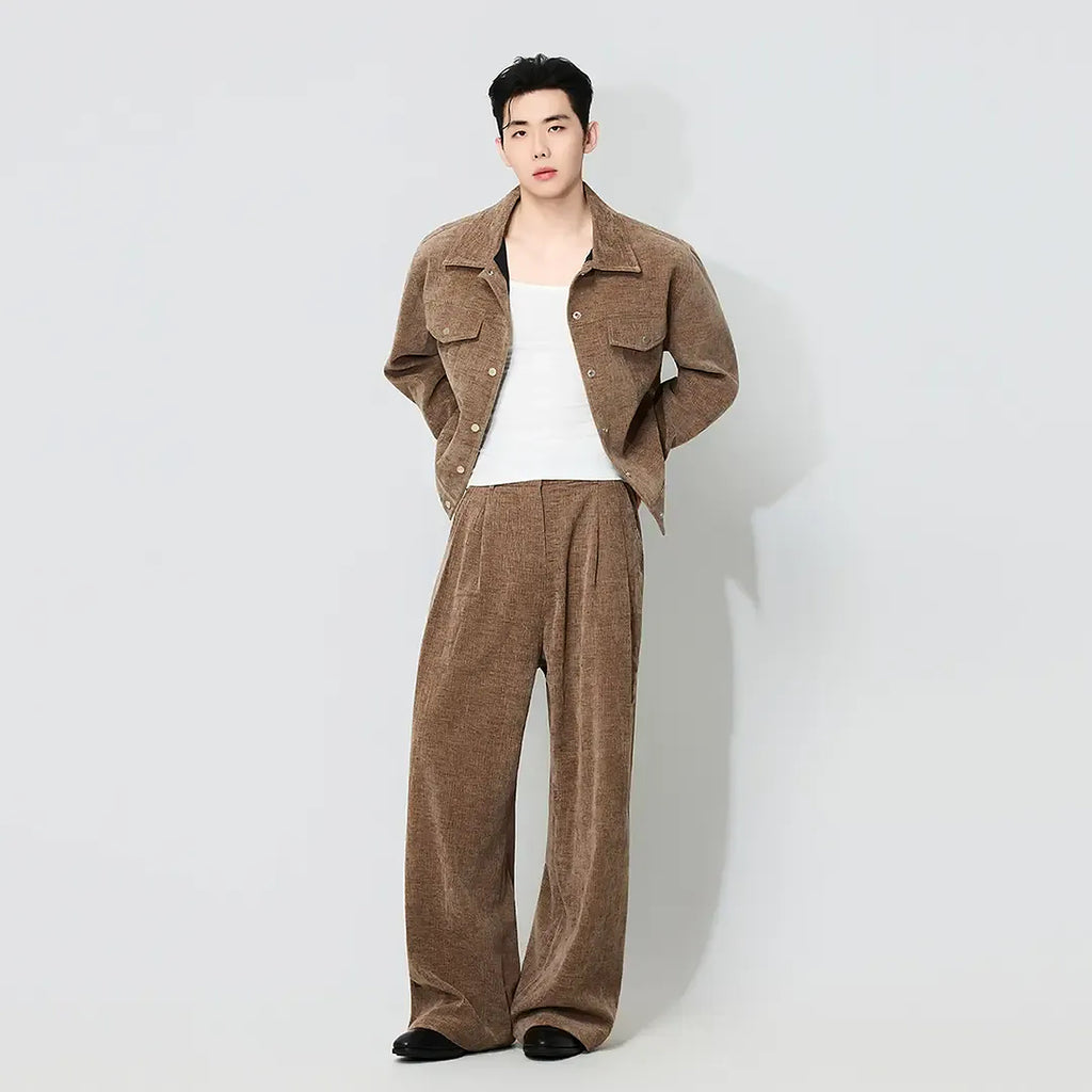Men's Chenille Utility Jacket and Straight-Leg Pants Set - brown worn view