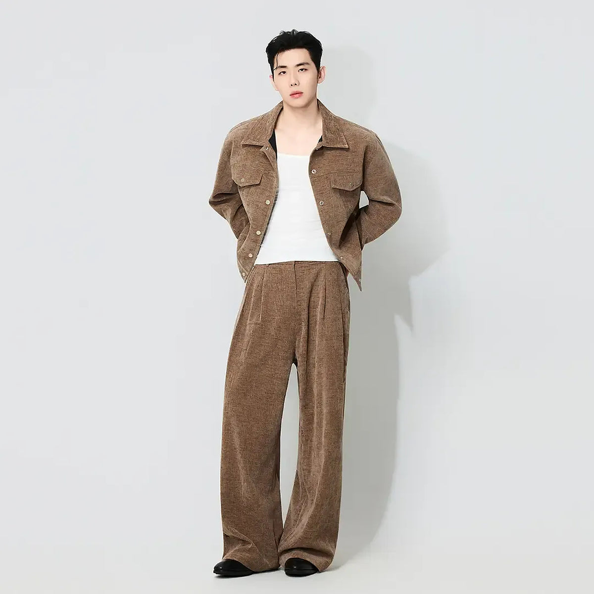Men's Chenille Utility Jacket and Straight-Leg Pants Set - brown worn view