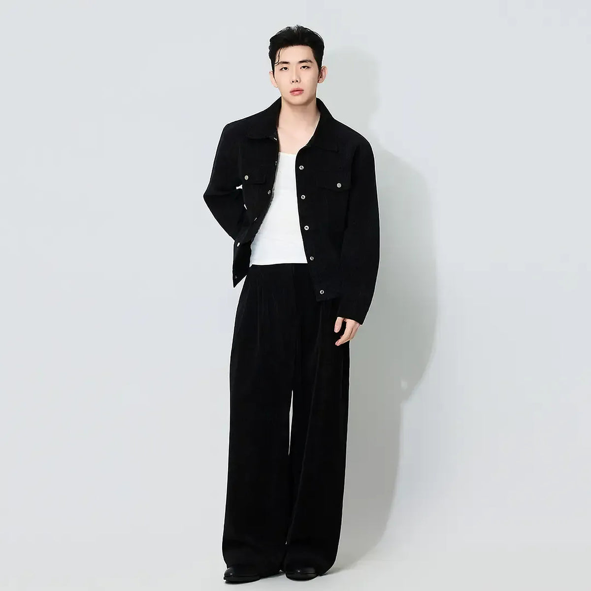 Men's Chenille Utility Jacket and Straight-Leg Pants Set - black worn view