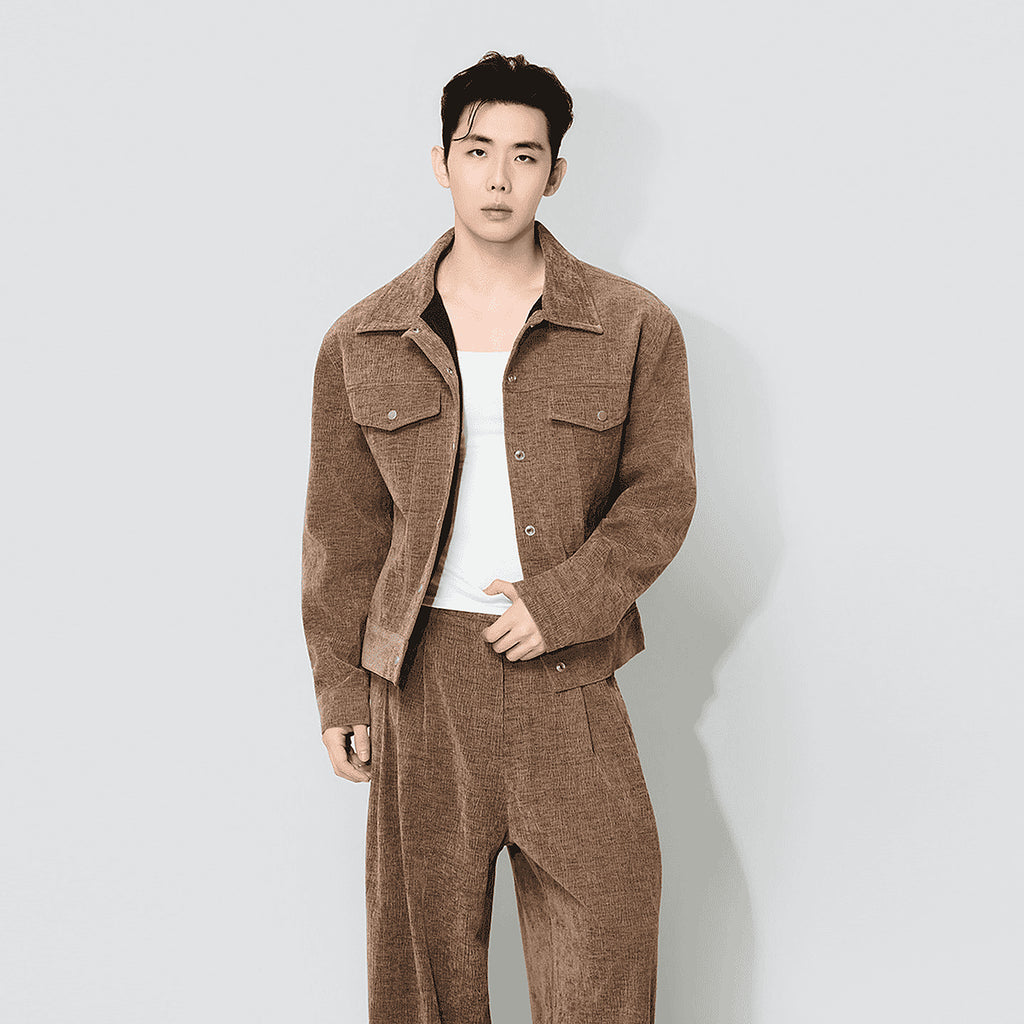 Men's Chenille Utility Jacket and Straight-Leg Pants Set - detail reference