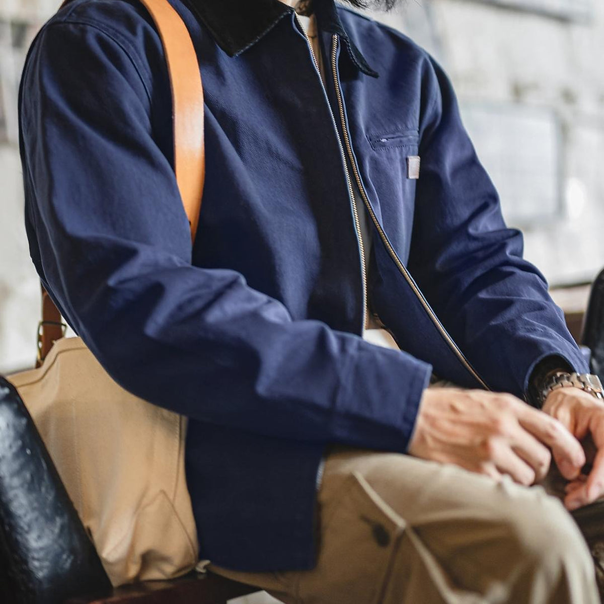 Men's Contrast-Collar Detroit Hunting Jacket - navy worn view