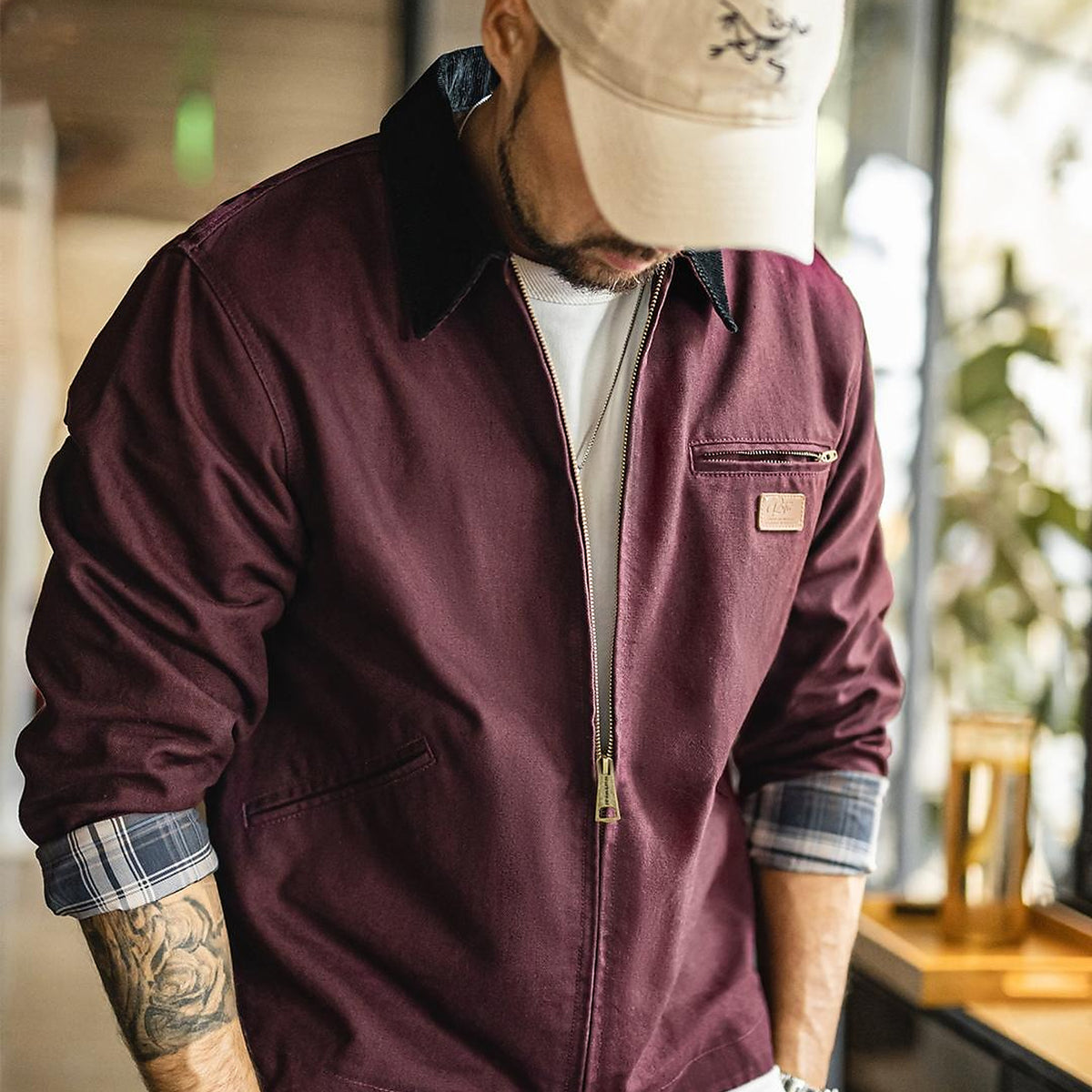 Men's Contrast-Collar Detroit Hunting Jacket - burgundy worn view