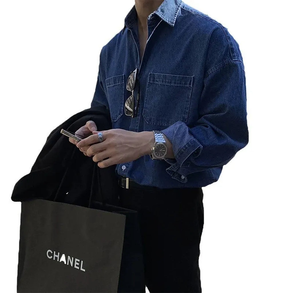 Men's Dark-Blue Denim Button-Up Shirt - dark blue worn view