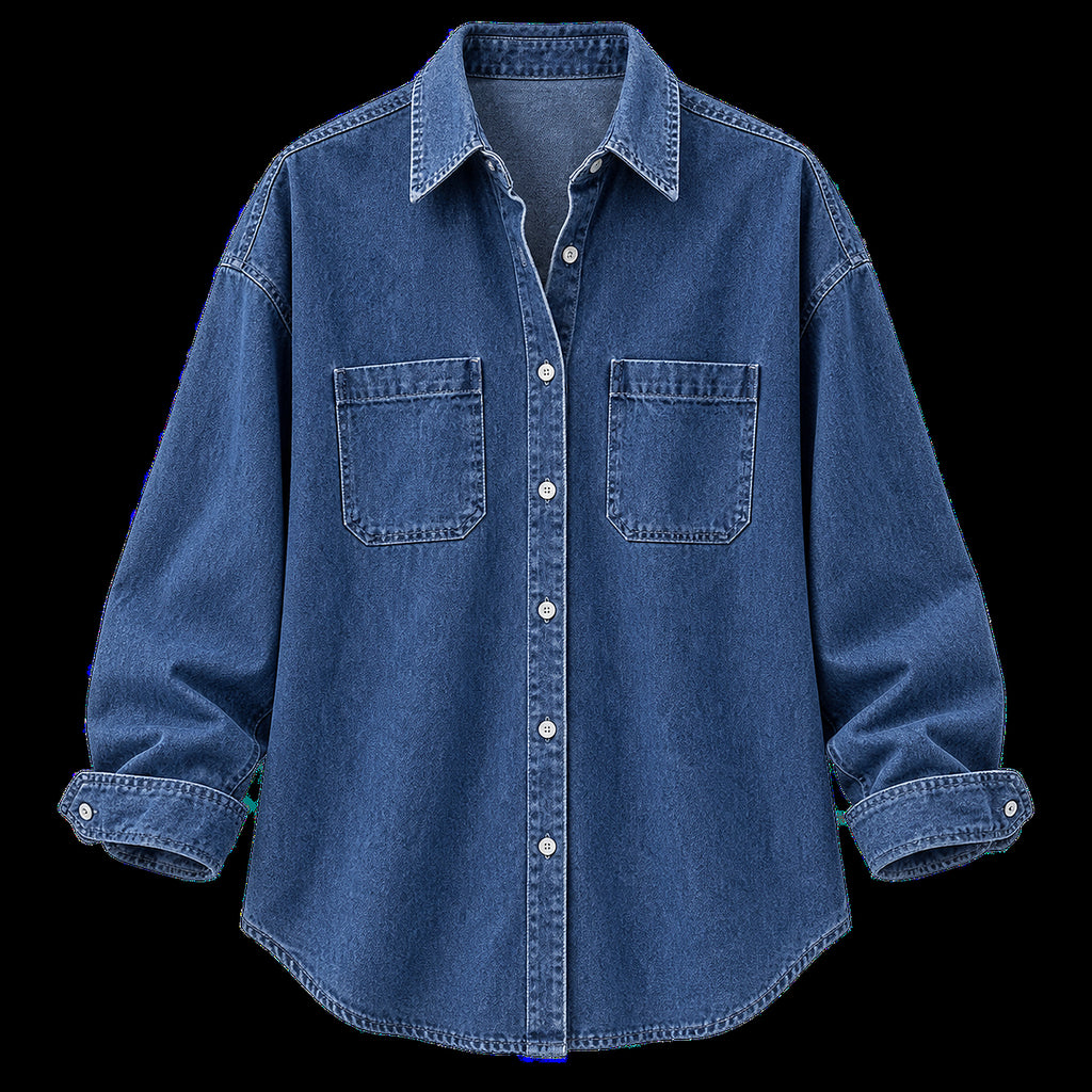 Men's Dark-Blue Denim Button-Up Shirt - dark blue product view