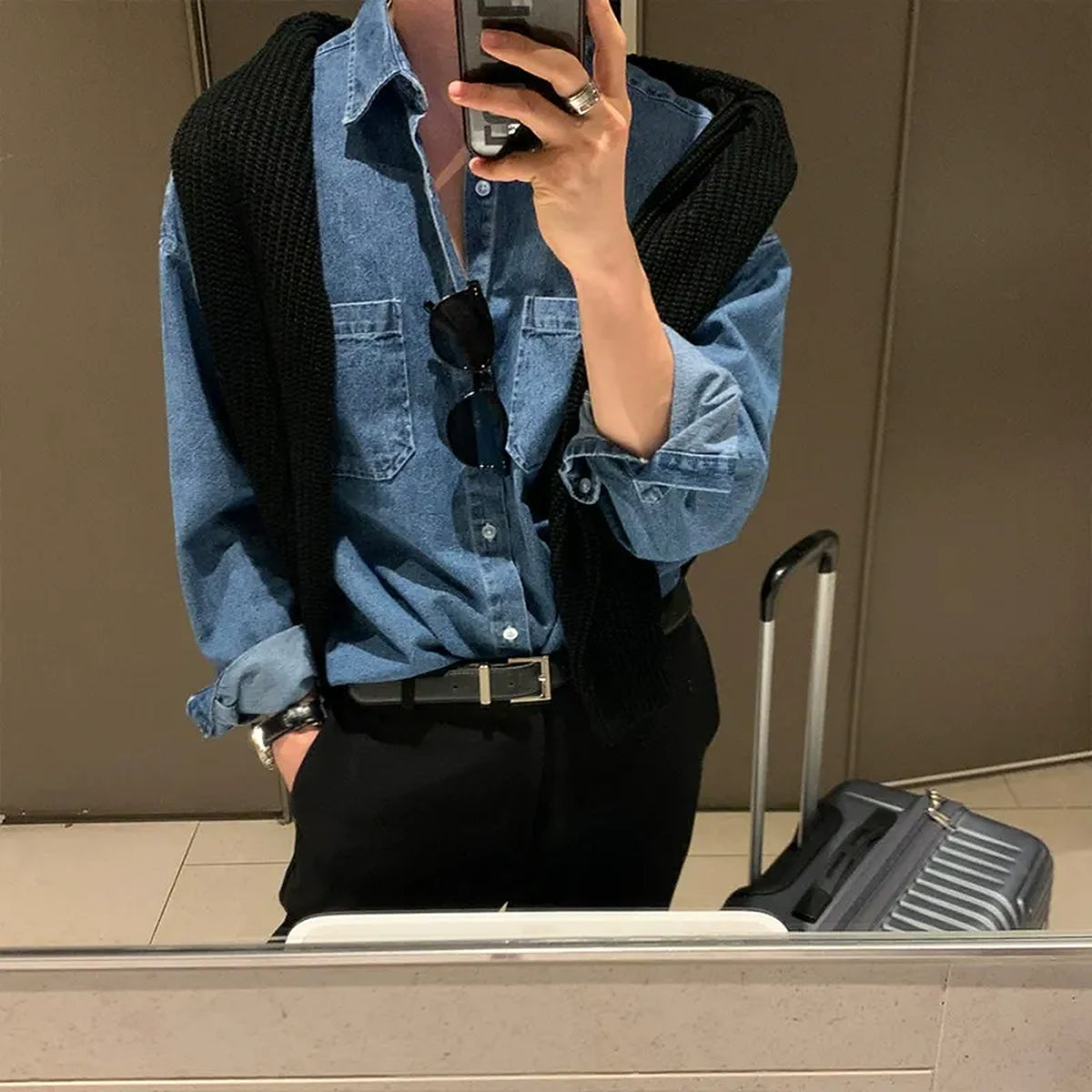 Men's Dark-Blue Denim Button-Up Shirt - detail reference