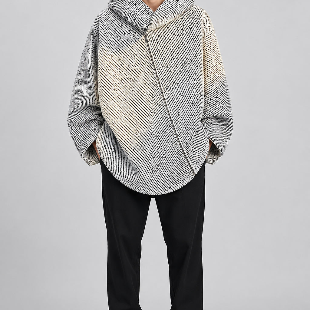 Men's Deconstructed Asymmetric-Zip Hooded Jacket - light gray worn view